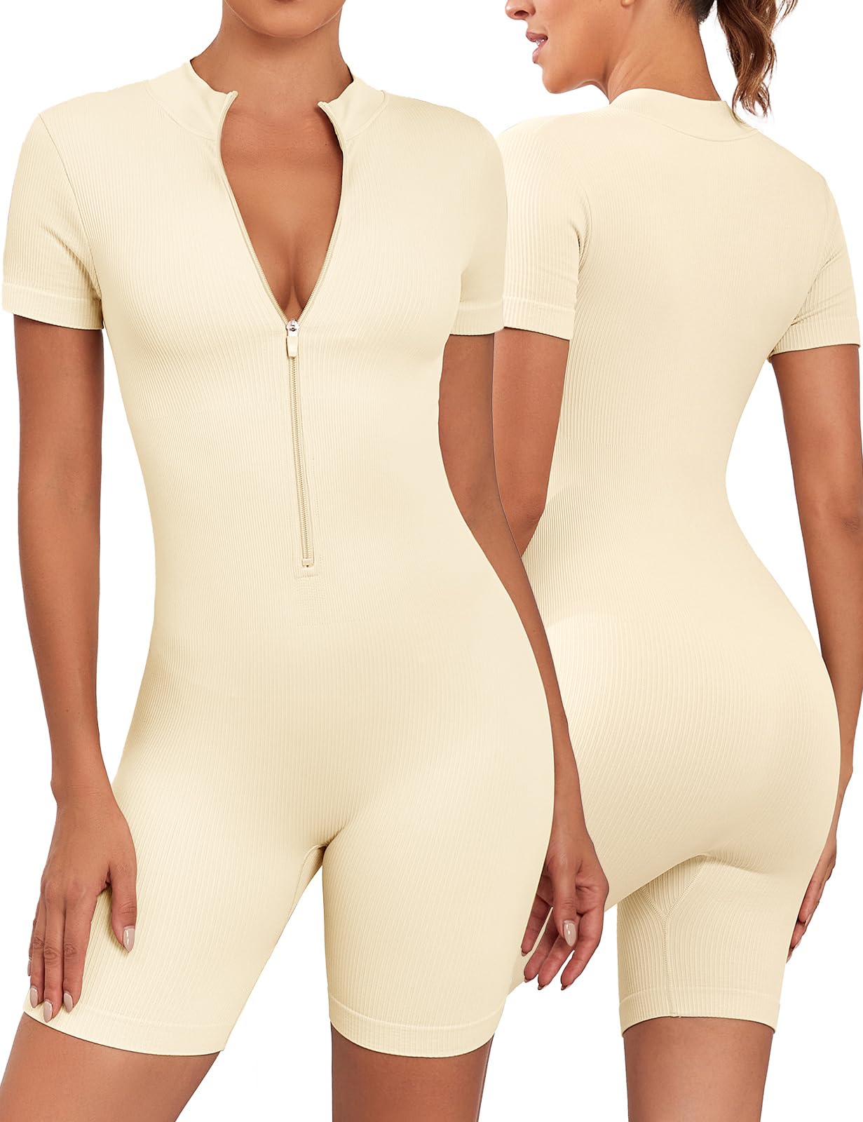 Svanco Mono de Manga Corta Mujer Corto Jumpsuit Deportivo Bodysuit Cremallera Romper Una Pieza de Punto Acanalado per Yoga Fitness Casual Monos para Señoras S-L