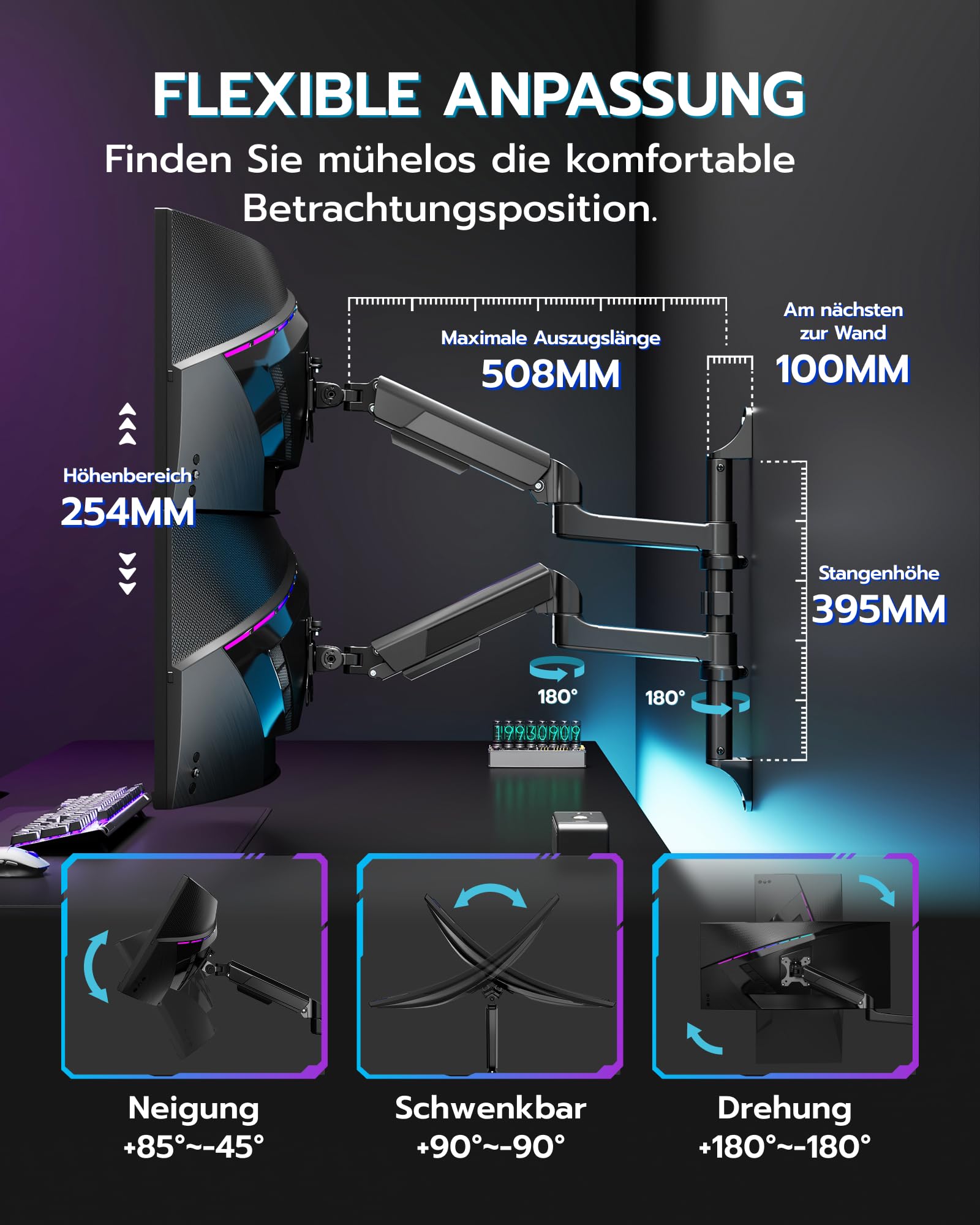 ARES WING Soporte de Pared para 2 monitores de 17"-40"