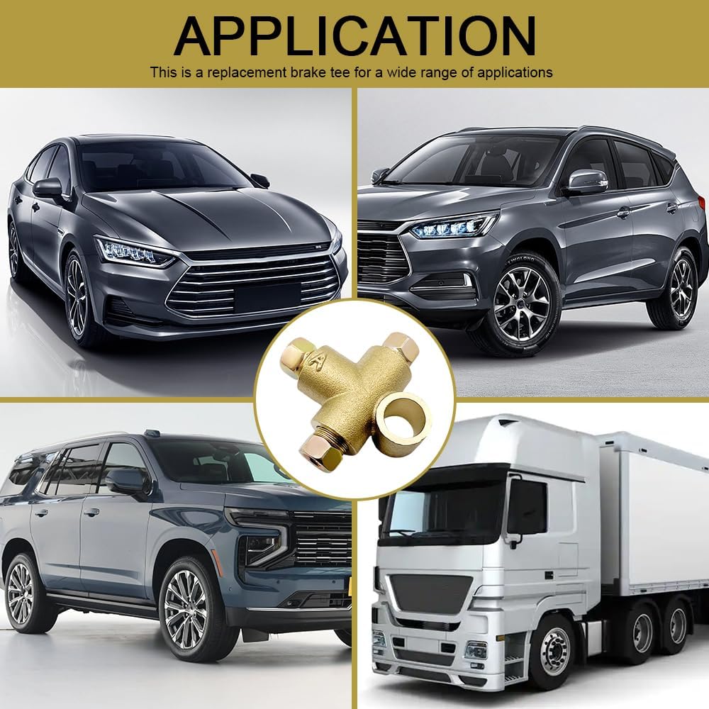 3 Way T-Shape Brake Tee Union, Automotive Replacement Brake Fittings, Brass Car Tee Elbow Connector, Car Accessories T-Shape Fittings with 3 Male Nuts Short Union M10 Fit for 3/16in Pipe 10mm