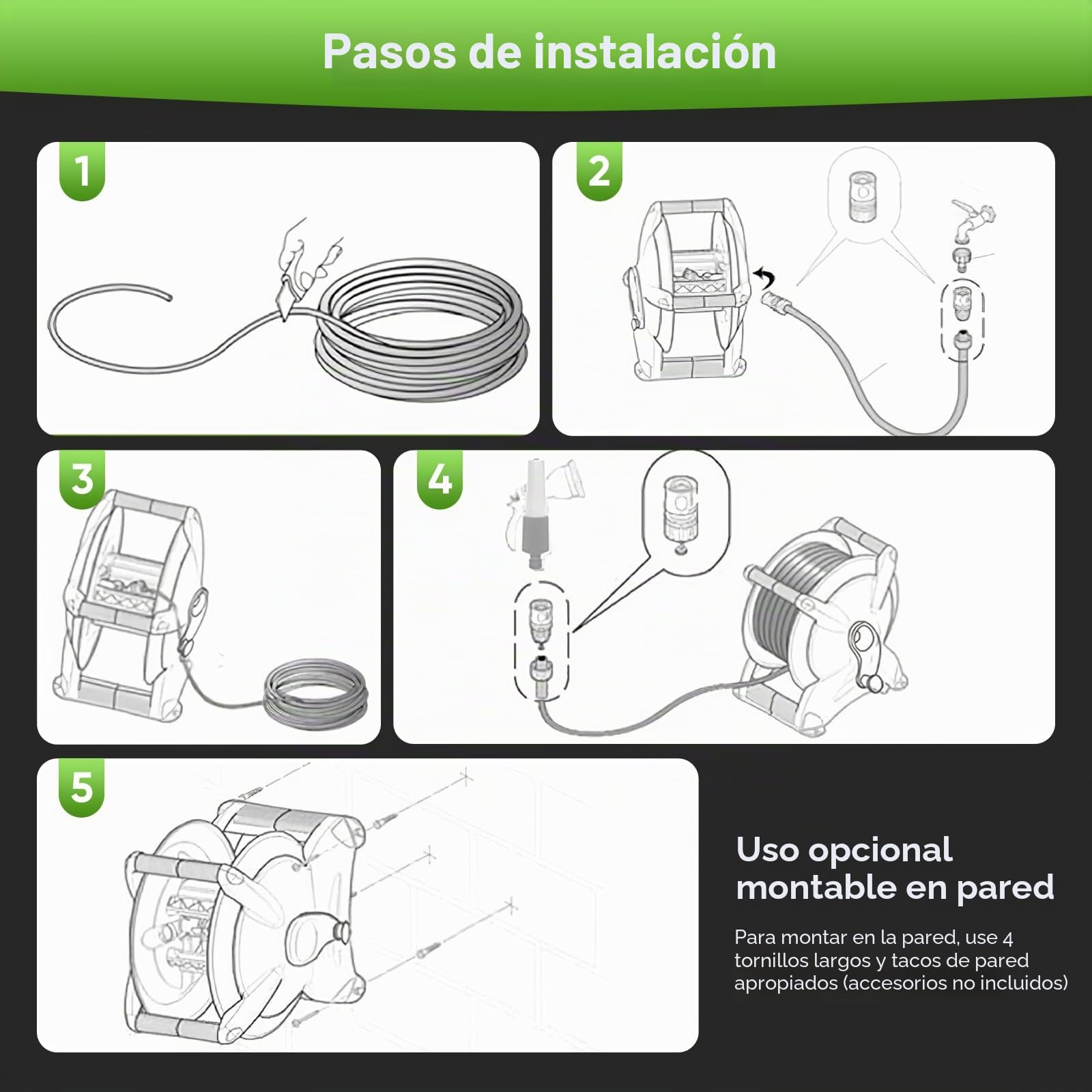 Carrete de Manguera Retráctil Giratorio de 180°, 20M Enrollador de Mangueras Carrete Automático de Manguera Montado en Pared Manguera Enrollable Automática para Regar Césped Jardín, Lavar Auto