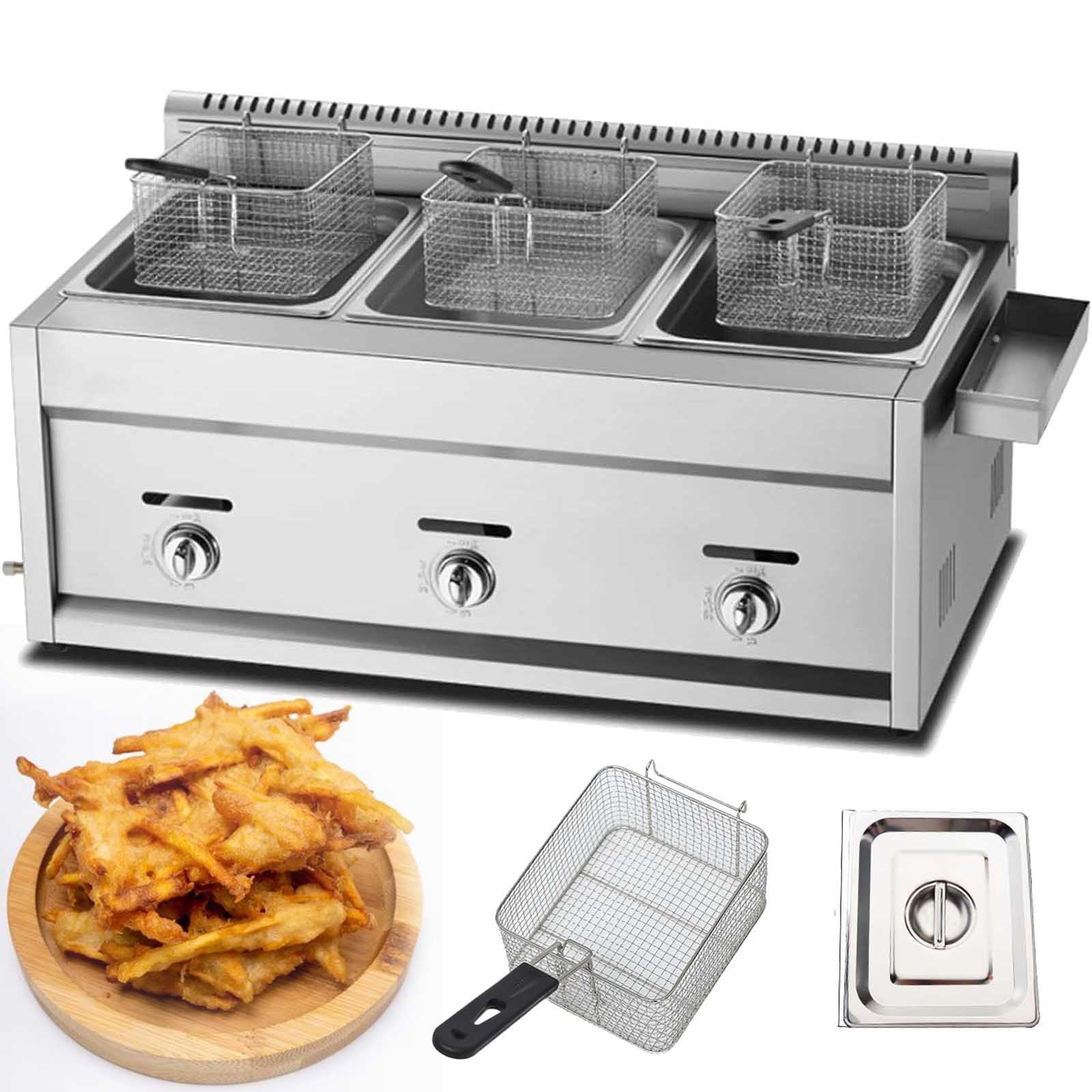 Freidora de gas comercial, encimera de acero inoxidable con cesta y tapa, tanques dobles de 9 litros, control de temperatura ajustable para papas fritas de restaurante