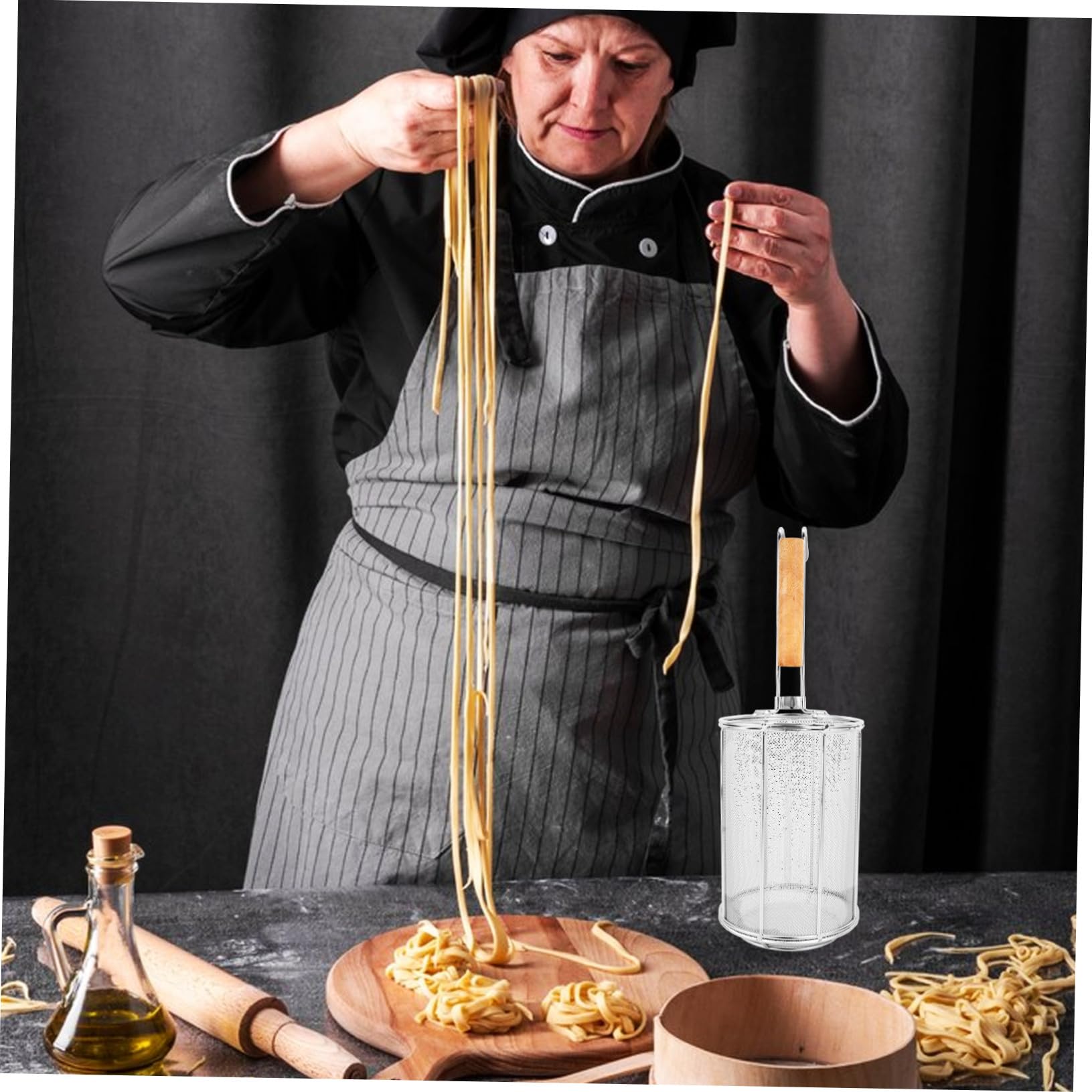 STOBAZA Colador de Pasta de Acero Inoxidable con Asa de Madera Colador de Malla para Escurrir Fideos para Uso Cocina