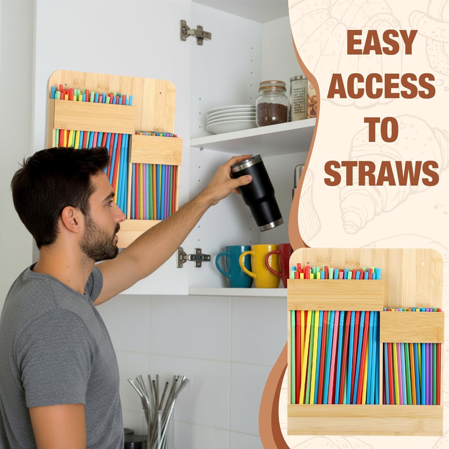 Reusable Bamboo Large Capacity Straw Holder Dispenser Organizer, 11.81" x 9.84" Stick on Cabinet Door Organizer Suitable for Cabinet Straw Storage, Kitchen Counter - Image 2