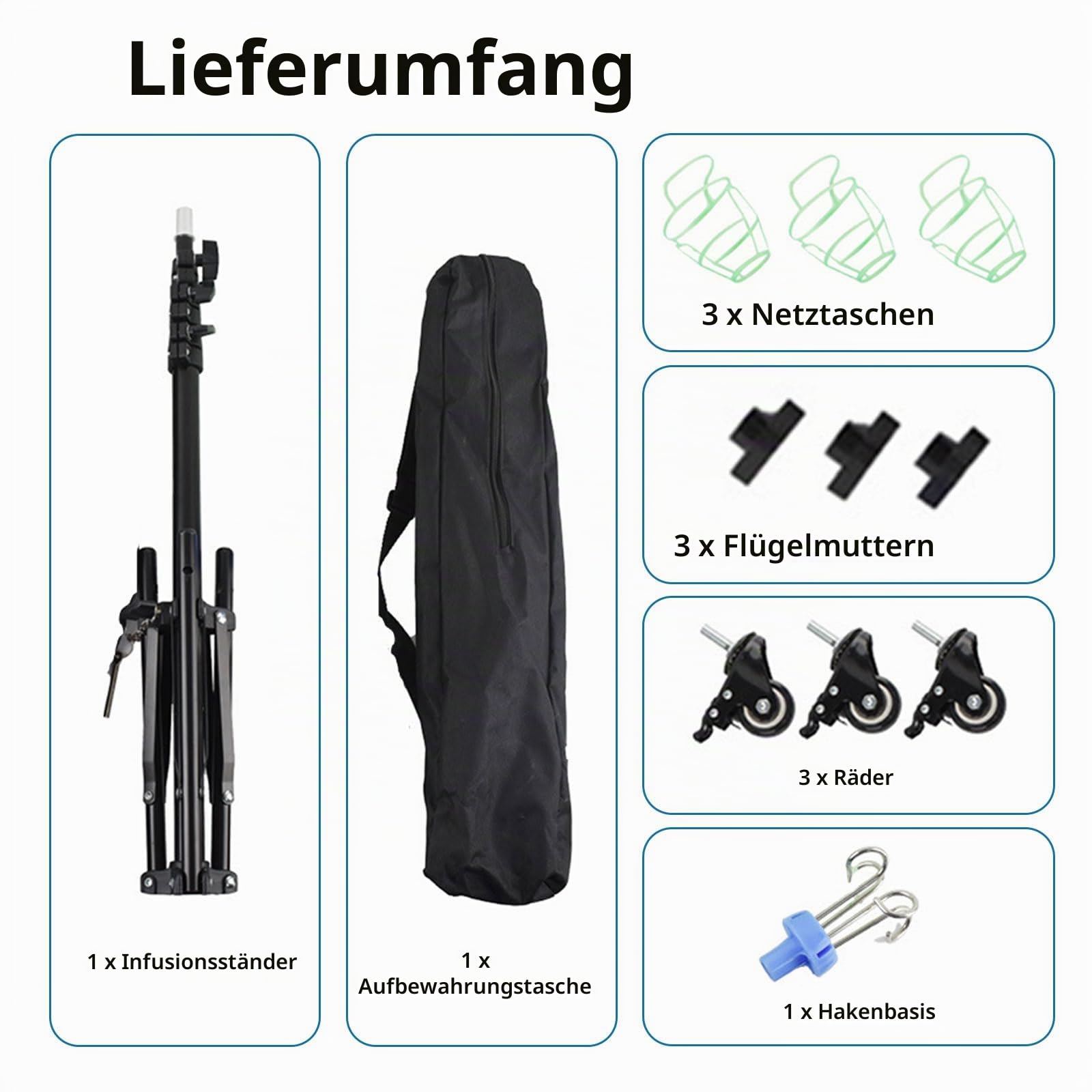 Infusionsständer mit Rollen, Faltbar & Mobil, Höhenverstellbar 90–190 cm, 4 Haken 180° Drehbar, Mit 3 Netz-Taschen, Tragetasche & Bremsrollen – Tragbarer Infusionshalter