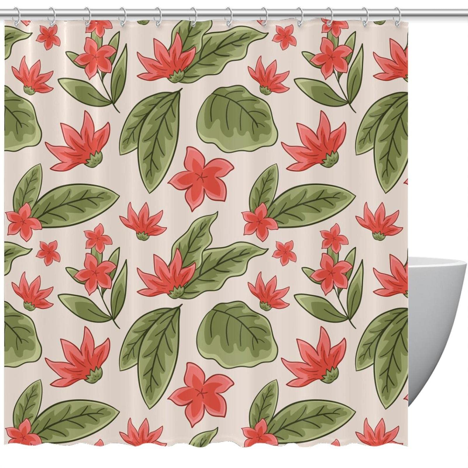Rideau de douche floral rouge vert 183x183 grand format grand rideau imperméable feuilles