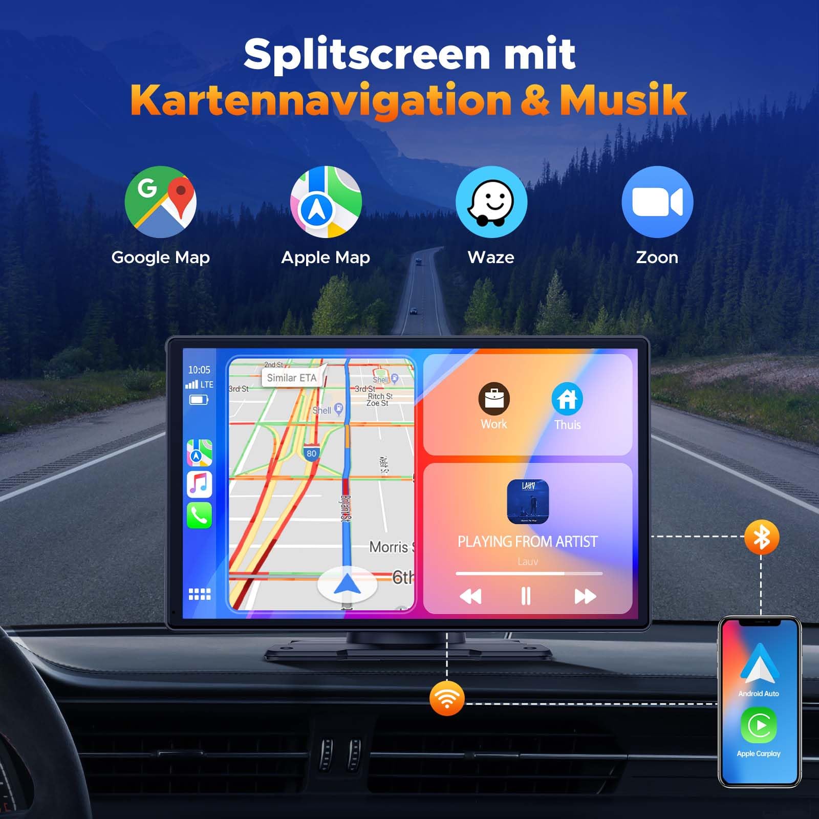 Volam Autoradio Portatile con Wireless A-pple Carplay & Android Auto, 9 Pollici Radio Auto Portatile con IPS Touchscreen, Auto Stereo Radio con Bluetooth 5.0/GPS/Controllo Vocale/Mirror Link/FM/AUX