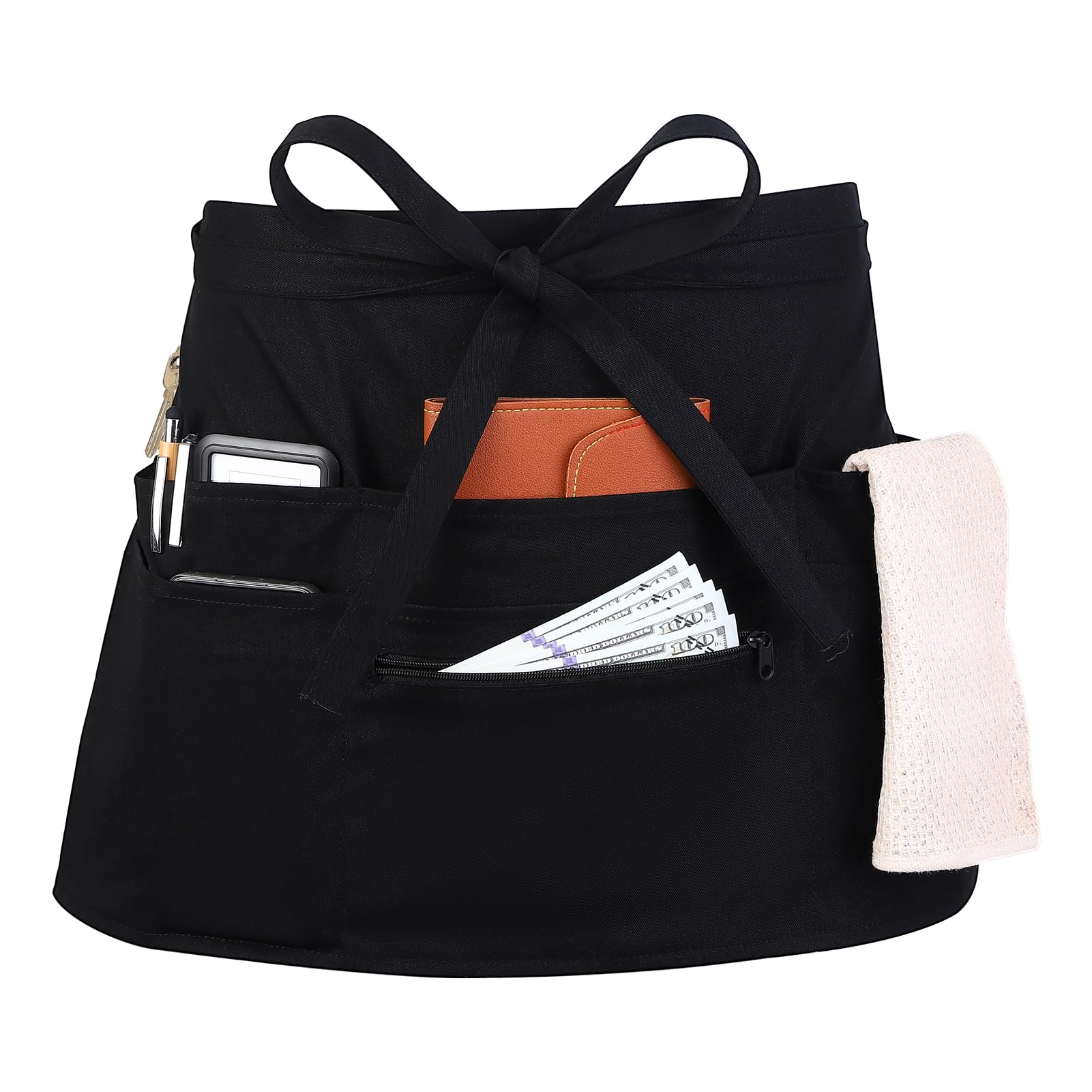 saerryor Black Waist Apron with 8 Pockets, Adjustable Server Aprons, Cotton Waitress Apron for Waiter Chef Women Men Cooking Baking