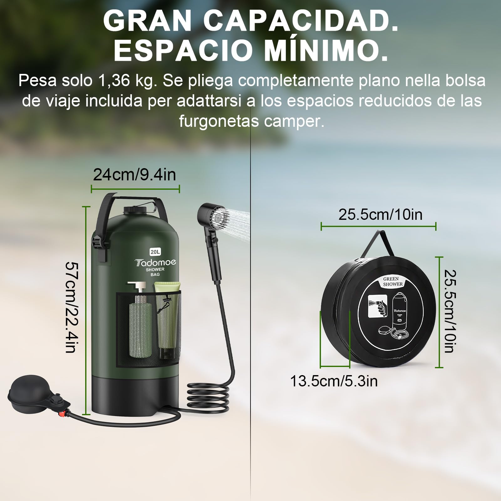 20L Ducha Camper Portatil con Bomba de Aire de Pie, Bolsa Ducha Camping con Boquilla Práctica para Camping, Senderismo y Playa