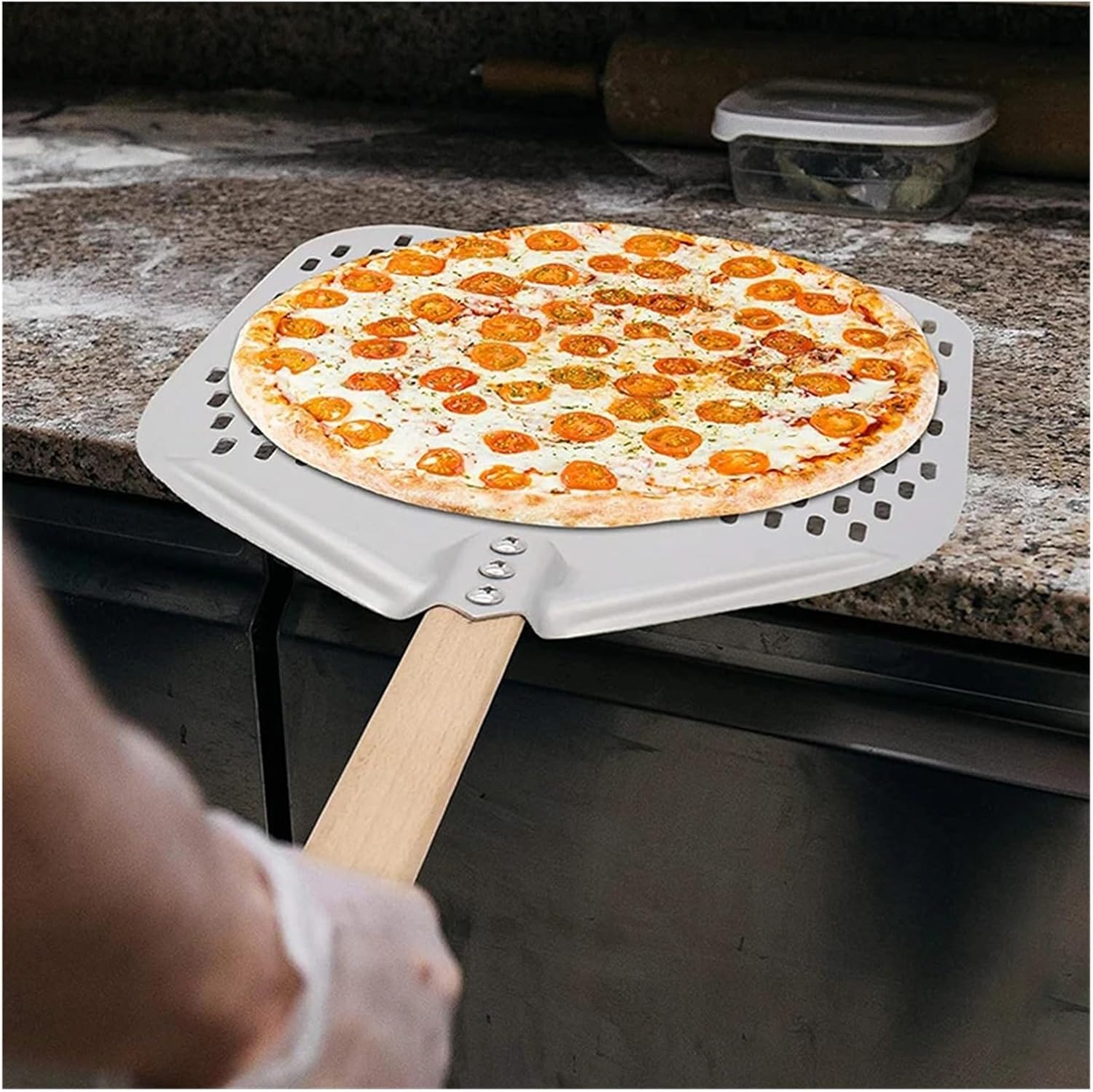 Aluminum Pizza Shovel Peel Lifter Tools Non Slip Wooden Handle Cake Bread Paddle Cheese Cutter Baking Turner Accessorie(30cm Silver 40cm H)