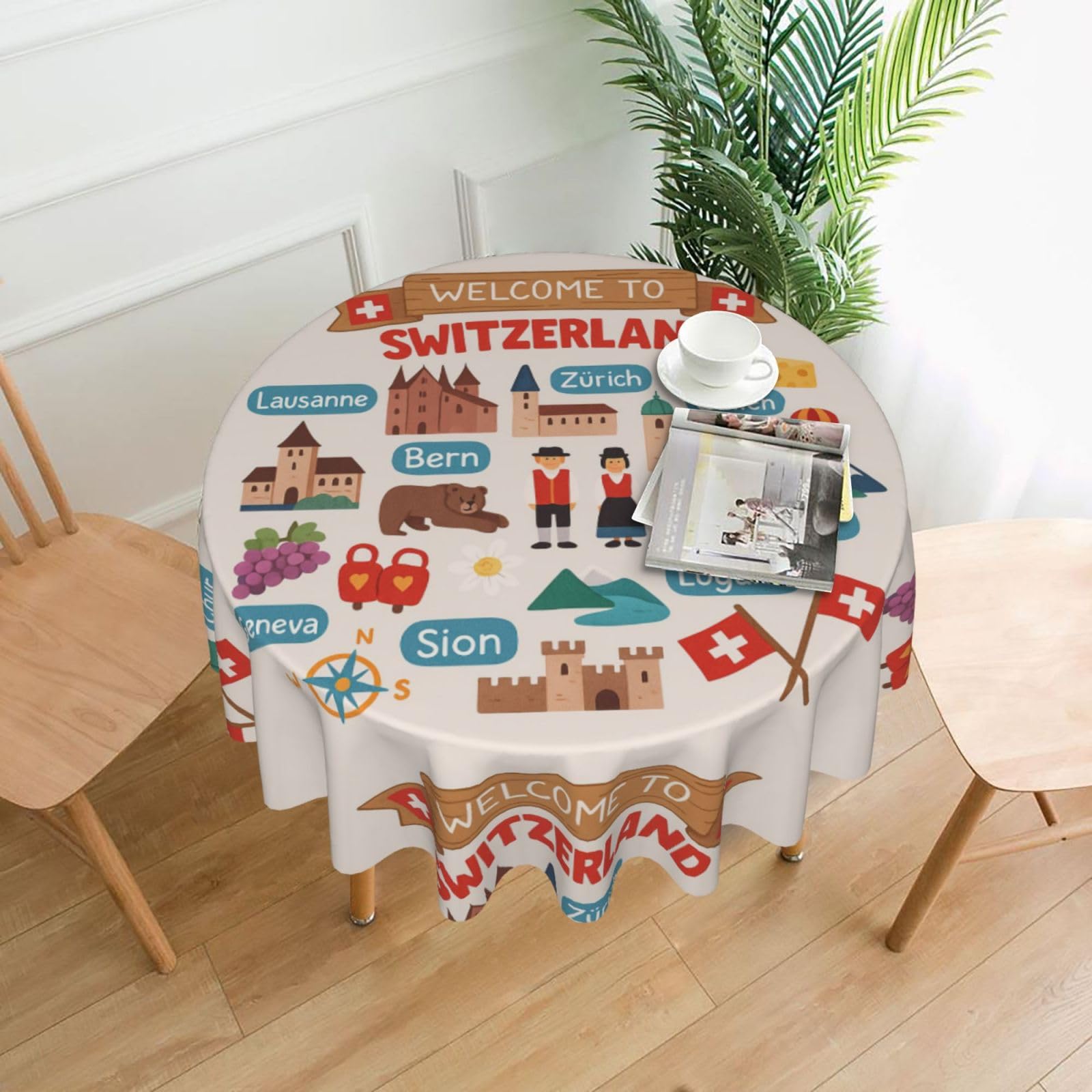 UVBDF Welcome To Switzerland Travel Print Multipurpose Round Tablecloth 60in Polyester Cover for Coffee Table Kitchen Desk Home Gift