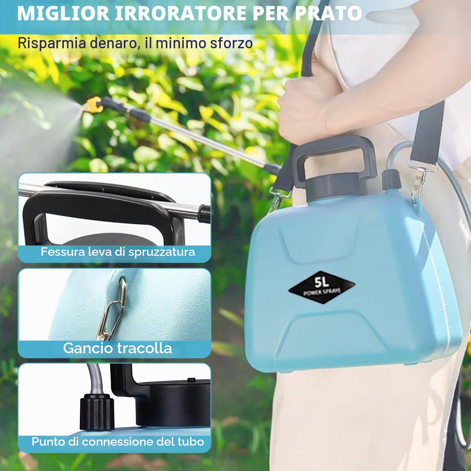 Nikou Pompa Irroratrice a Batteria 5Litri, Spruzzatore Elettrico da Giardino Spruzzatore a Pressione con 3 Ugelli, Lancia Telescopica, Spruzzino Nebulizzatore Piante per Prato Irrigazione Diserbo