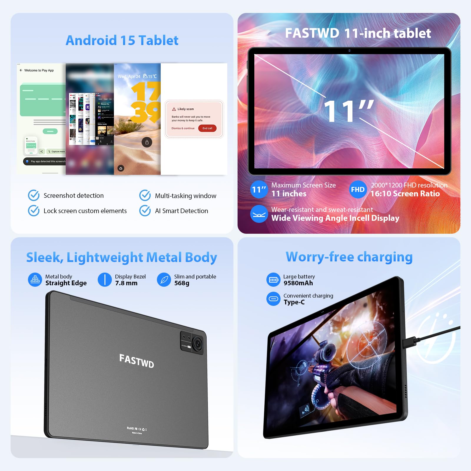 FASTWD Tablet Android 15-11 Pollici Tablet con 4G LTE e 5G WiFi,36GB RAM + 256GB ROM,5G WiFi,Octa Core,9580mAh,Foto AI 16MP+8MP,TÜV,GPS,Gemini AI,Tablets in Offerta con Widevine L1,Grigio