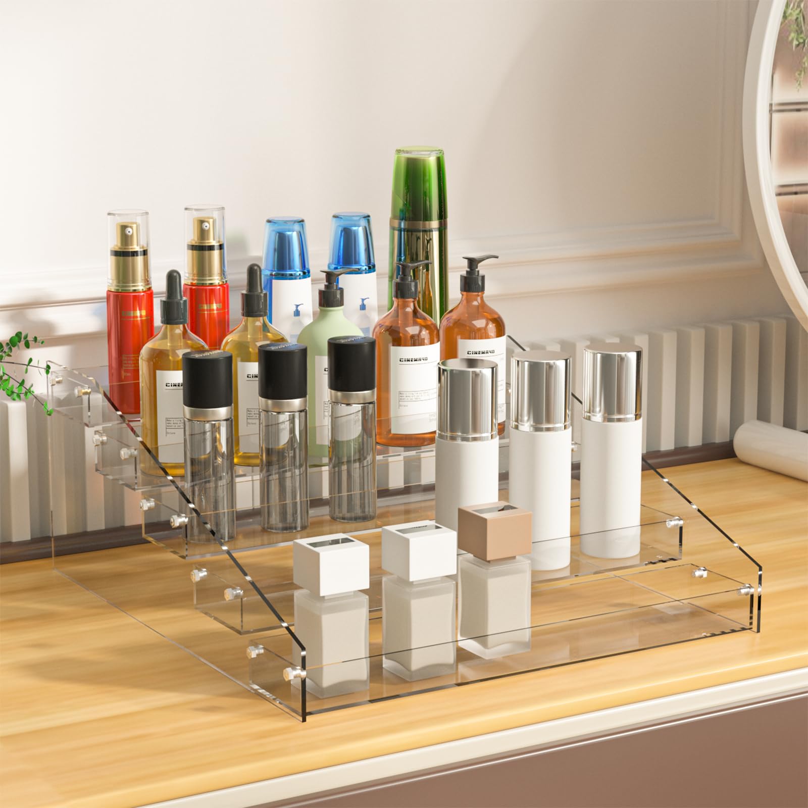 VANMEE 5-Tier Acrylic Spice Rack Organizer, 3 in/Tier Display Riser Stand, Kitchen Cabinet Countertop Pantry Coffee Bar Display Shelf for Spice, Liquor, Perfume, Makeup, Figure, Dolls Collection