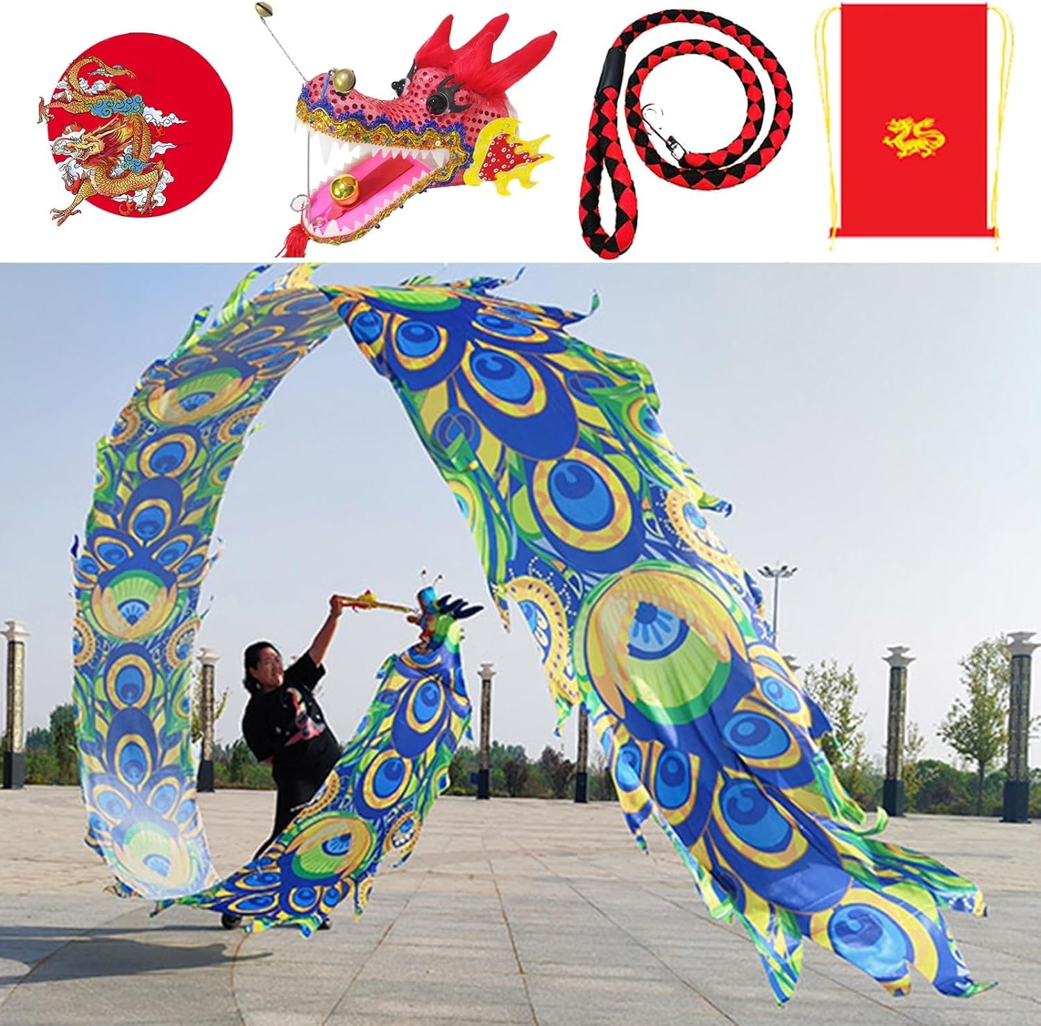 TFG - Ttfd Dancing Peacock Simulation Dragon Head Dancing Dragon Flag, Washable Fling, Outdoor Fitness(Blue,12 m (39 ft))