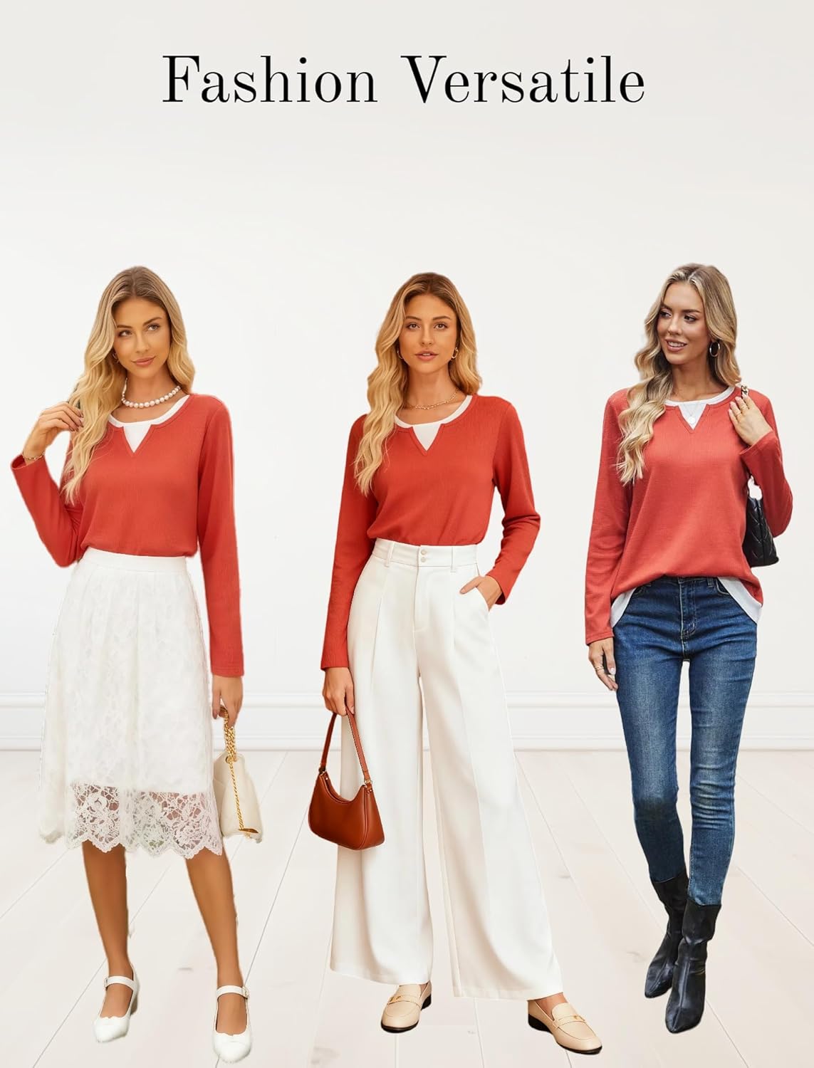 GRACE KARIN Women 2025 Fall Long Sleeve Shirts,Casual Crew Neck Colorblock Tunics,Waffle Knit Fashion Basic Tops - Image 5