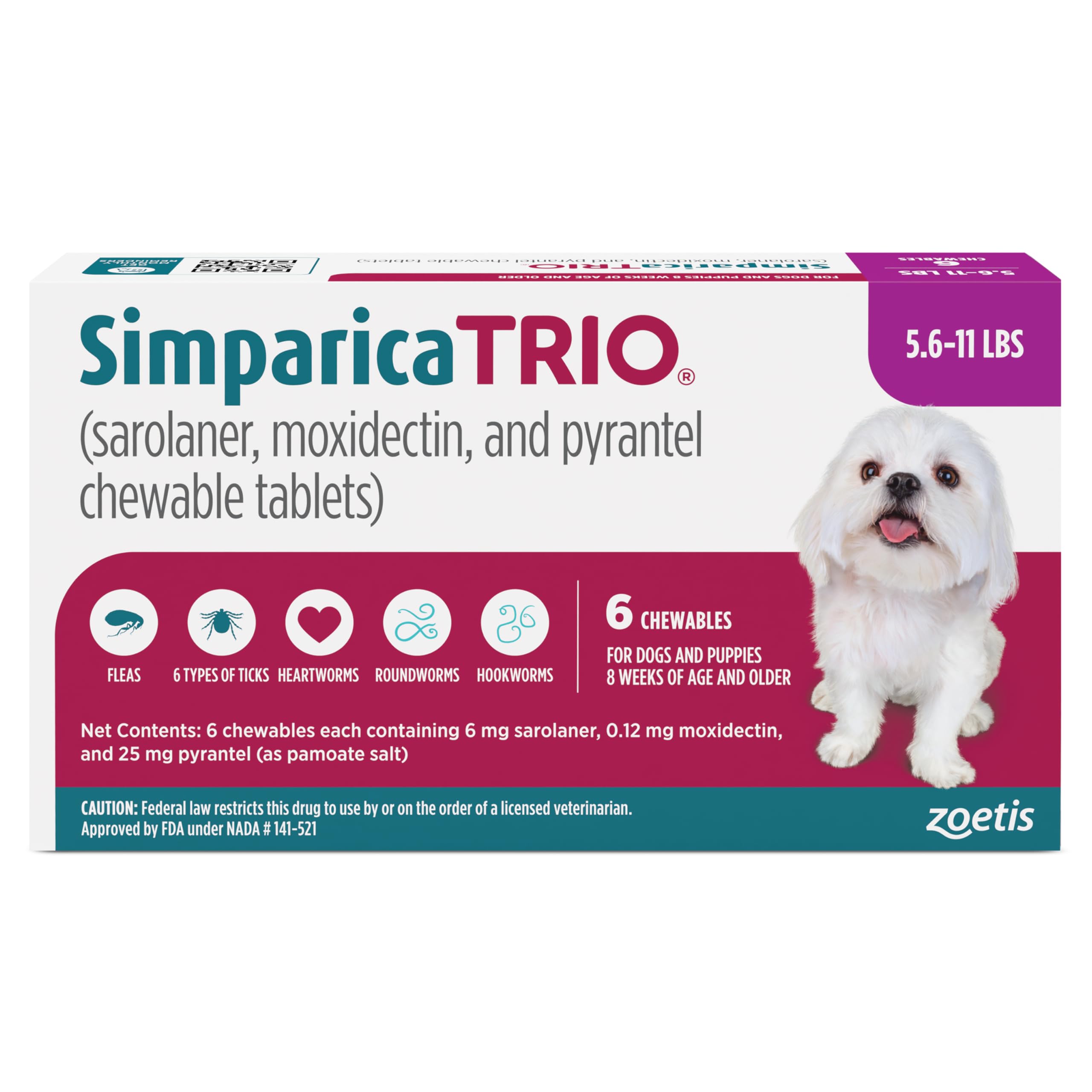 Simparica Trio Chewable for Dogs, Liver Flavor, 5.6-11 lbs, 6-Month Supply