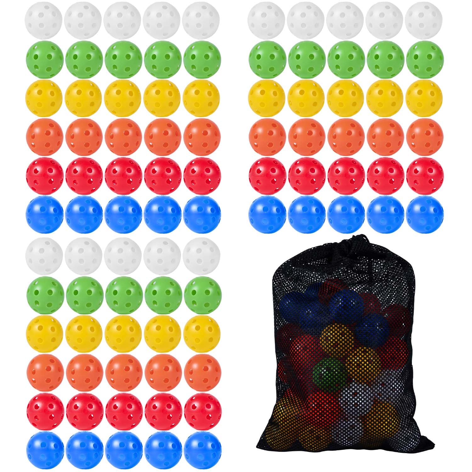 90 Pack Colorful Plastic Practice Golf Balls Airflow Hollow Training Golf Balls with Nylon Mesh Bags for Driving Range, Swing Practice, Outdoor or Home Use