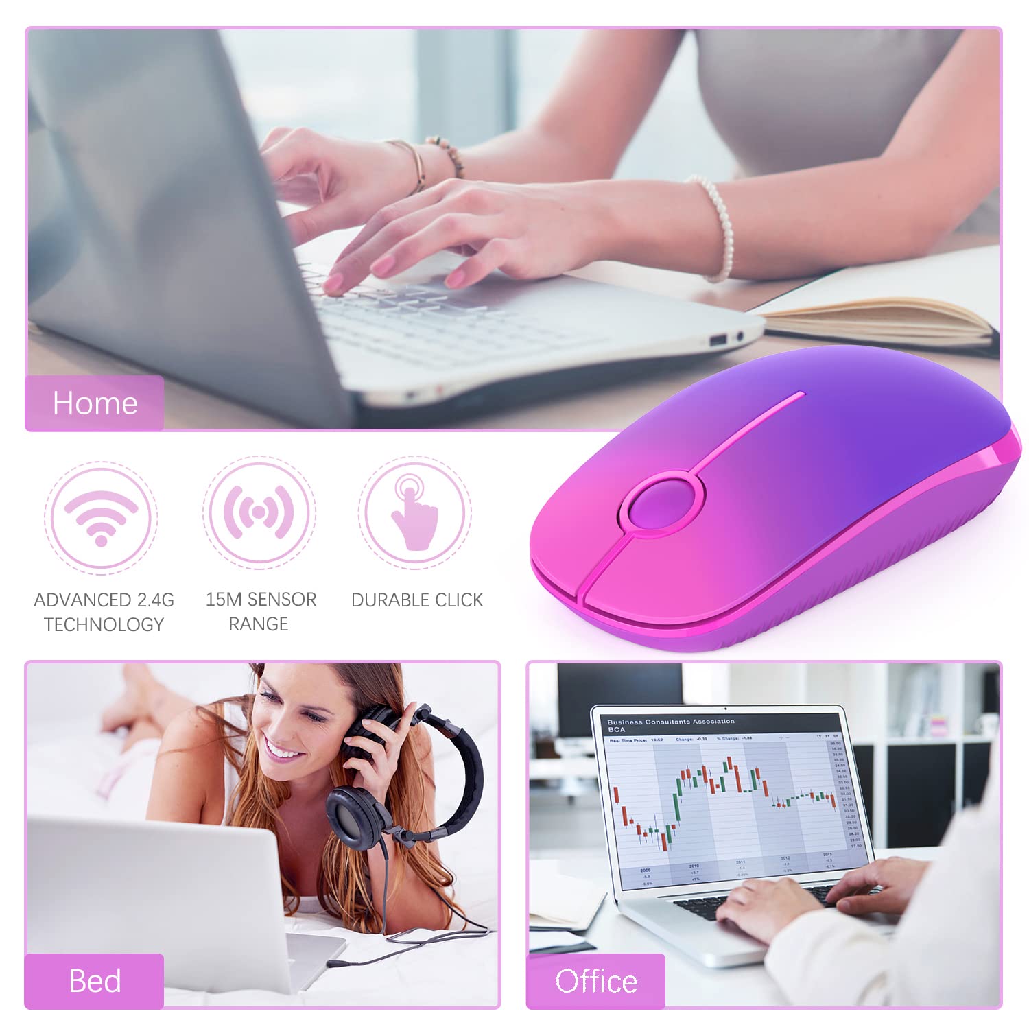 Unipows Ratón inalámbrico - Ratón portátil delgado de 2.4 G con nano receptor, menos ruido, ratones ópticos móviles para laptop, PC, laptop, computadora, Mac (morado degradado)