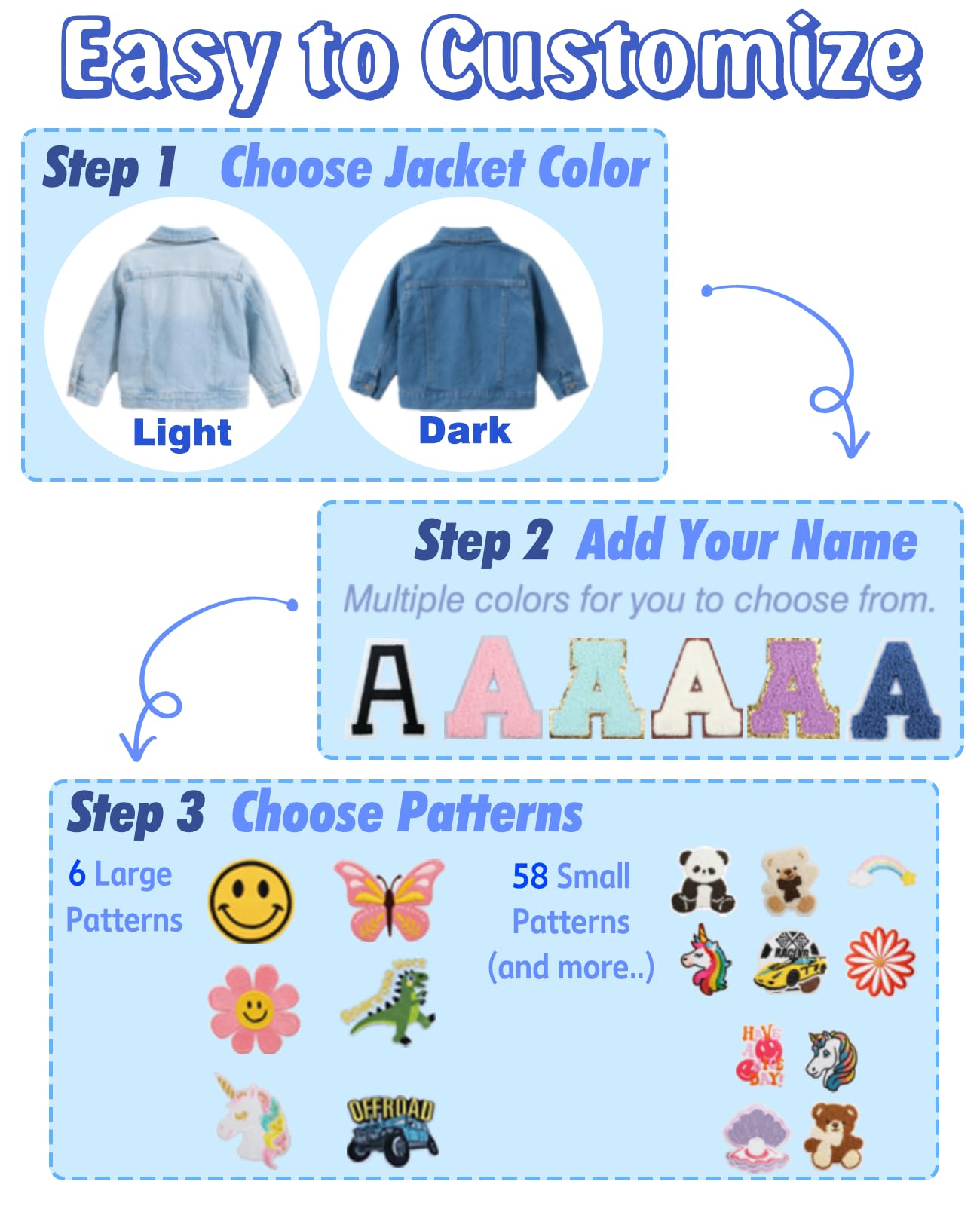 Veste en jean personnalisée pour enfants avec noms – Personnalisée avec écussons pour filles et garçons de 1 à 12 ans, cadeaux d'anniversaire et de Noël, veste en jean personnalisée à manches