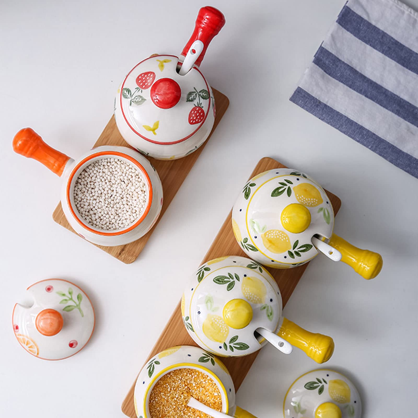 solniczka, Słoiki na przyprawy, Cukiernica z pokrywką i łyżeczką, Ceramiczny pojemnik cukier Słoik uchwytem, ​​Sól Pojemnik - Cytryna Garnek 250 ml(Yellow)