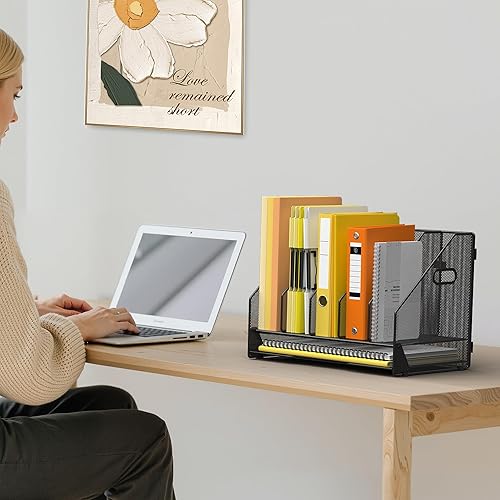 Miniatura 8 de Docnest Organizador de archivos de escritorio, 5 compartimentos verticales con bandeja de cartas, soporte de archivos de malla con asa,
