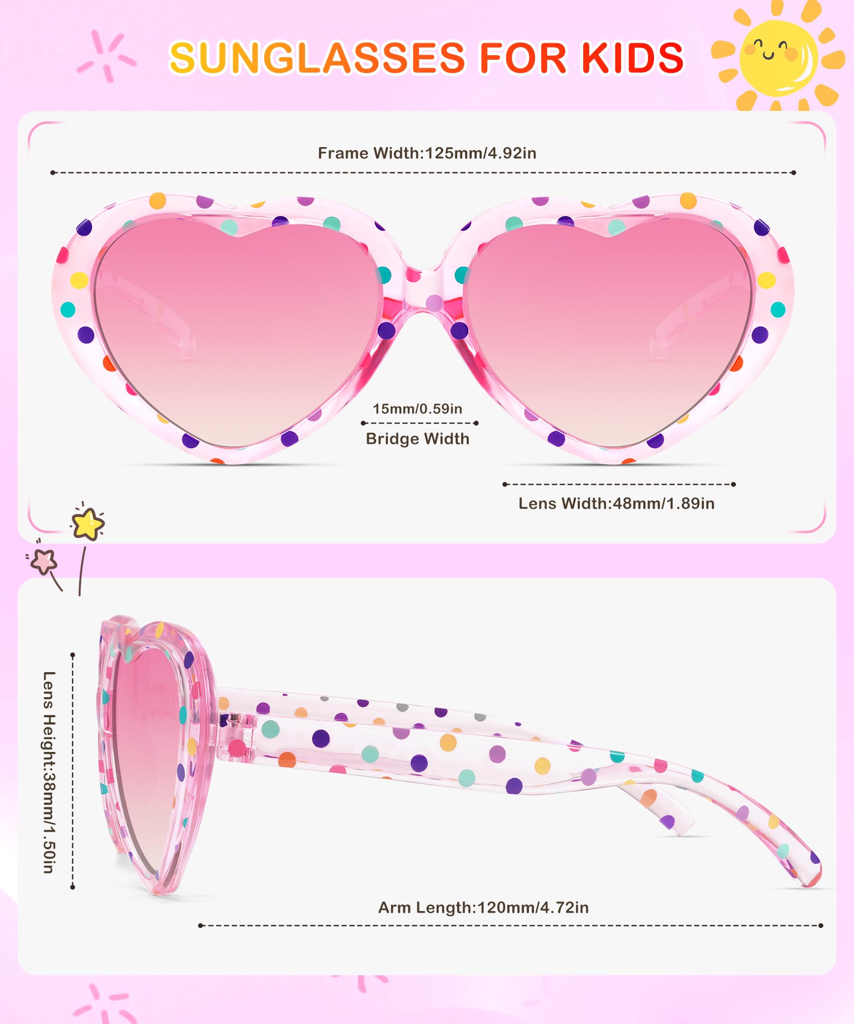 NSSIW Lentes de sol polarizados para niños con forma de corazón: lentes de sol para niños pequeños con protección UV para niñas, jóvenes, niños, paquete de 3 a 12 años