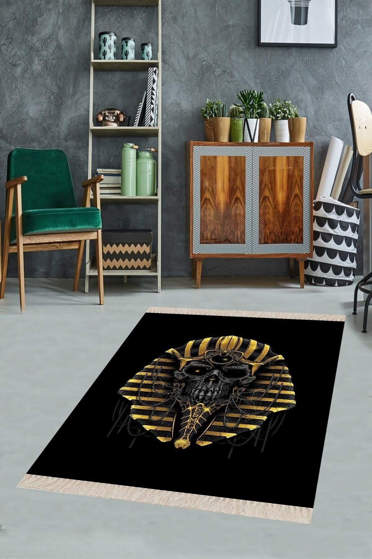 Pelangi Antik Mısır Kurukafa Desenli Dijital Baskı Yıkanabilir Salon Halı, Gold-Siyah 180 x 280