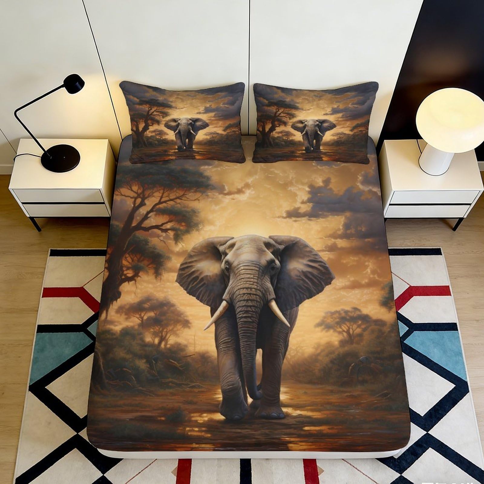 3D Printed African Elephant Fitted Sheet Microfiber Soft Non-Slip Mattress Cover Savannah Sunset for Bedroom Decor 120x200x25cm