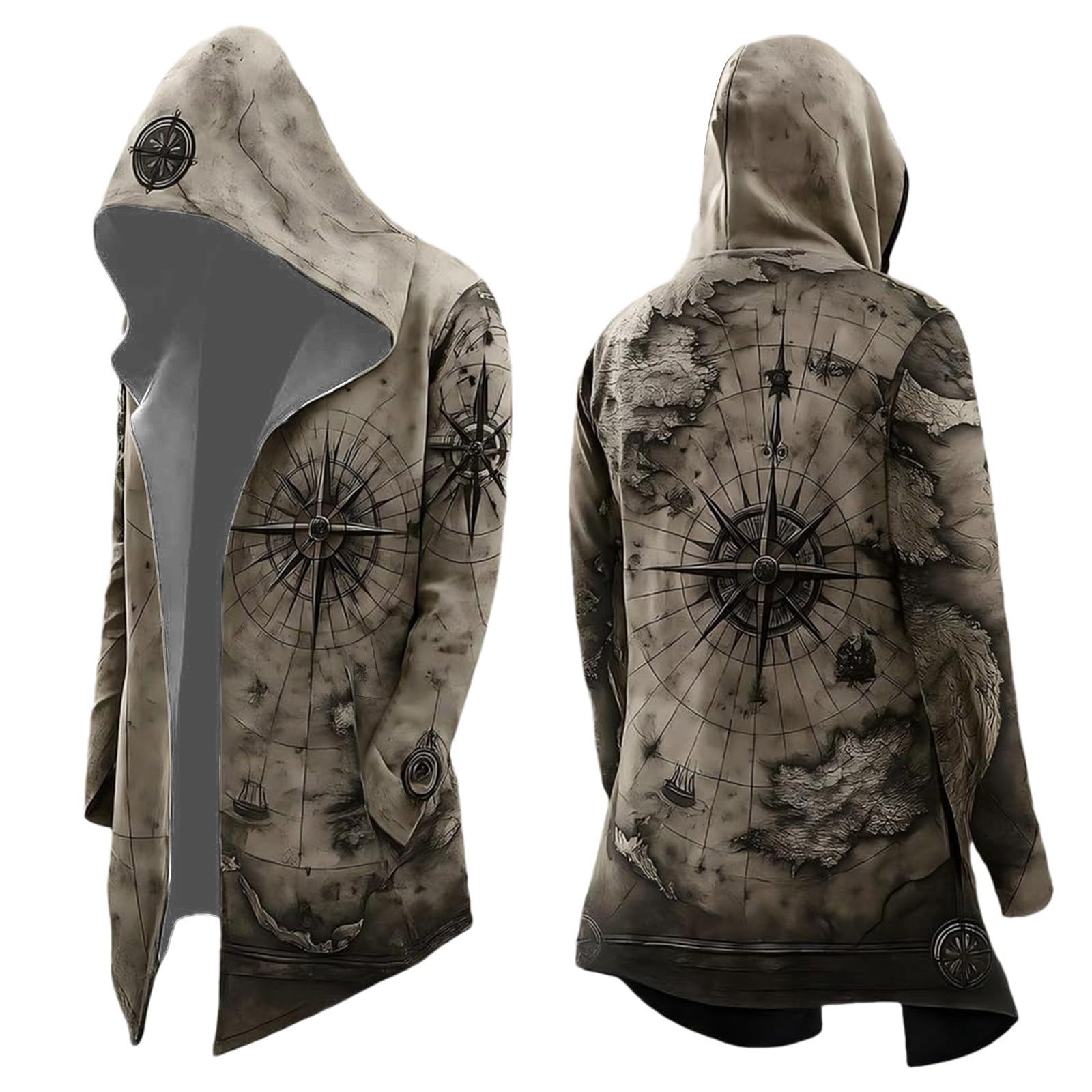 Men's Halloween Hoodie Medieval Norse Mythology Hooded Cardigan Motorcycle Jacket Long Sleeve Casual Loose Fit Streetwear Coat for Daily Wear Spring Autumn Winter (A15-Khaki, S)