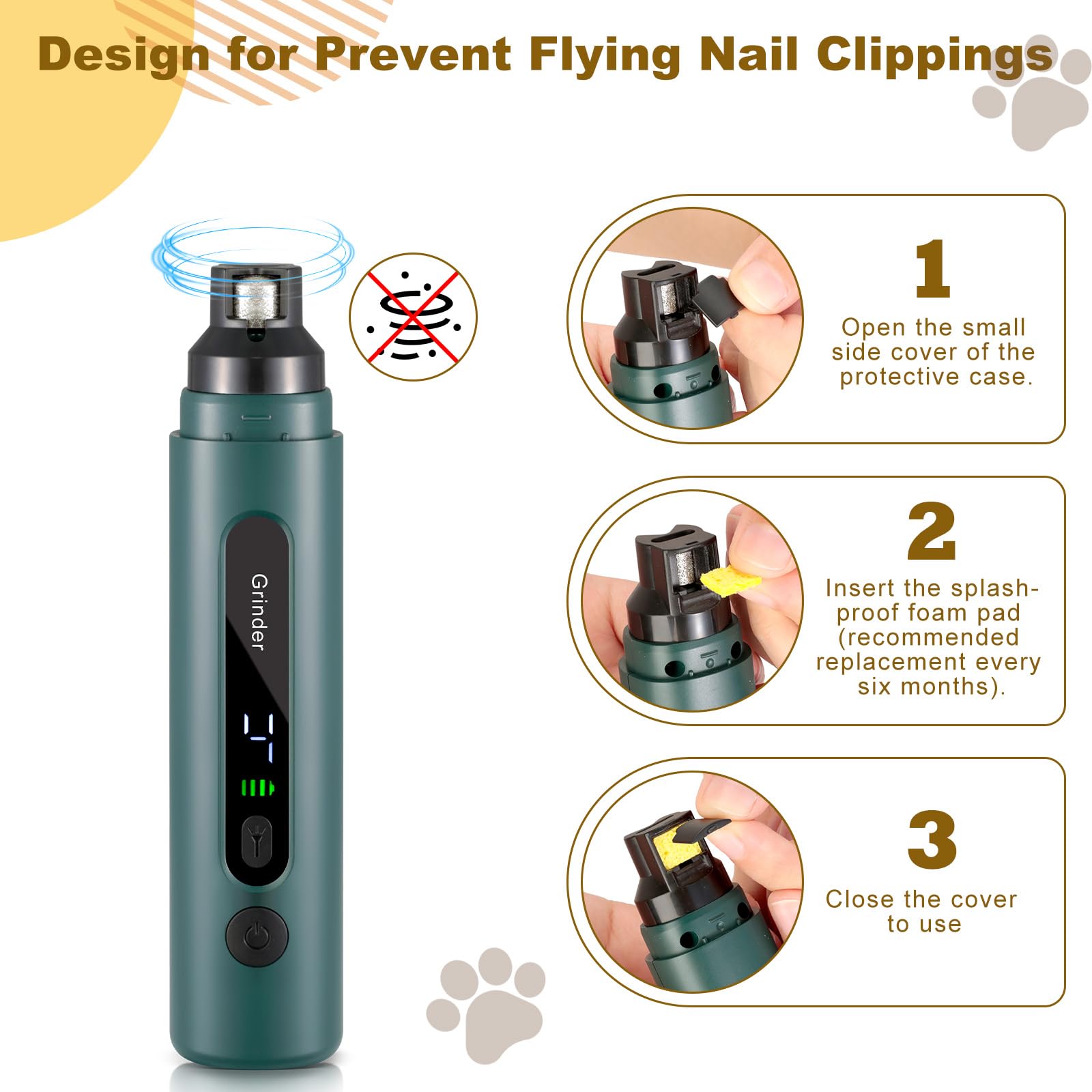 VINATO Cortaúñas Eléctrico para Perros y Gatos, Lima Úñas con Luz LED, 5 Velocidades, 3 Cabezales de Diamante y 3 Puertos, Recargable e Inalámbrico para Todas Las Razas