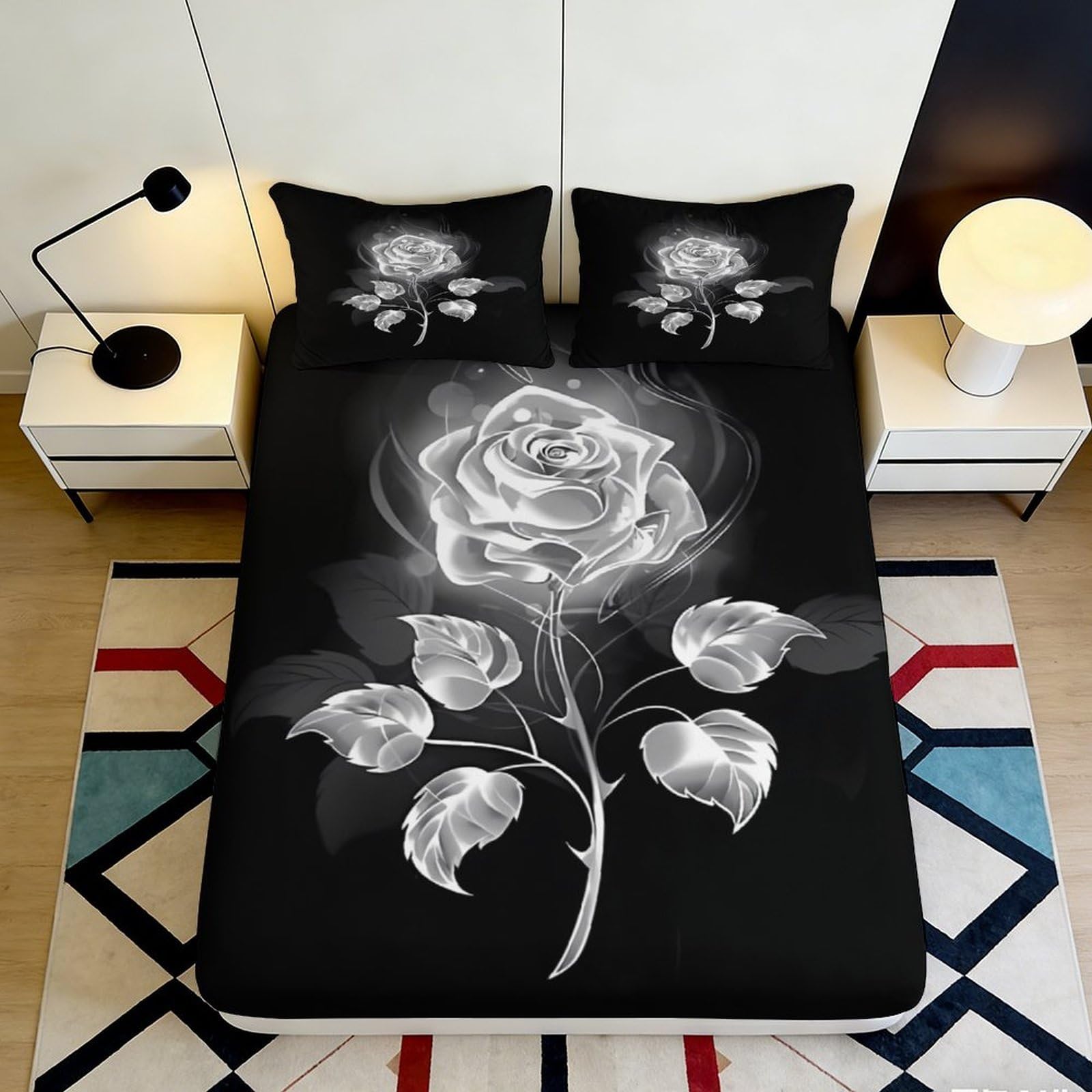 Dhbaneiok Style-5 3D Printed Black White Rose Fitted Sheet Microfiber Soft Artistic Flower Bed Cover For Bedroom Dorm Guest Room Decor 90X200x25cm