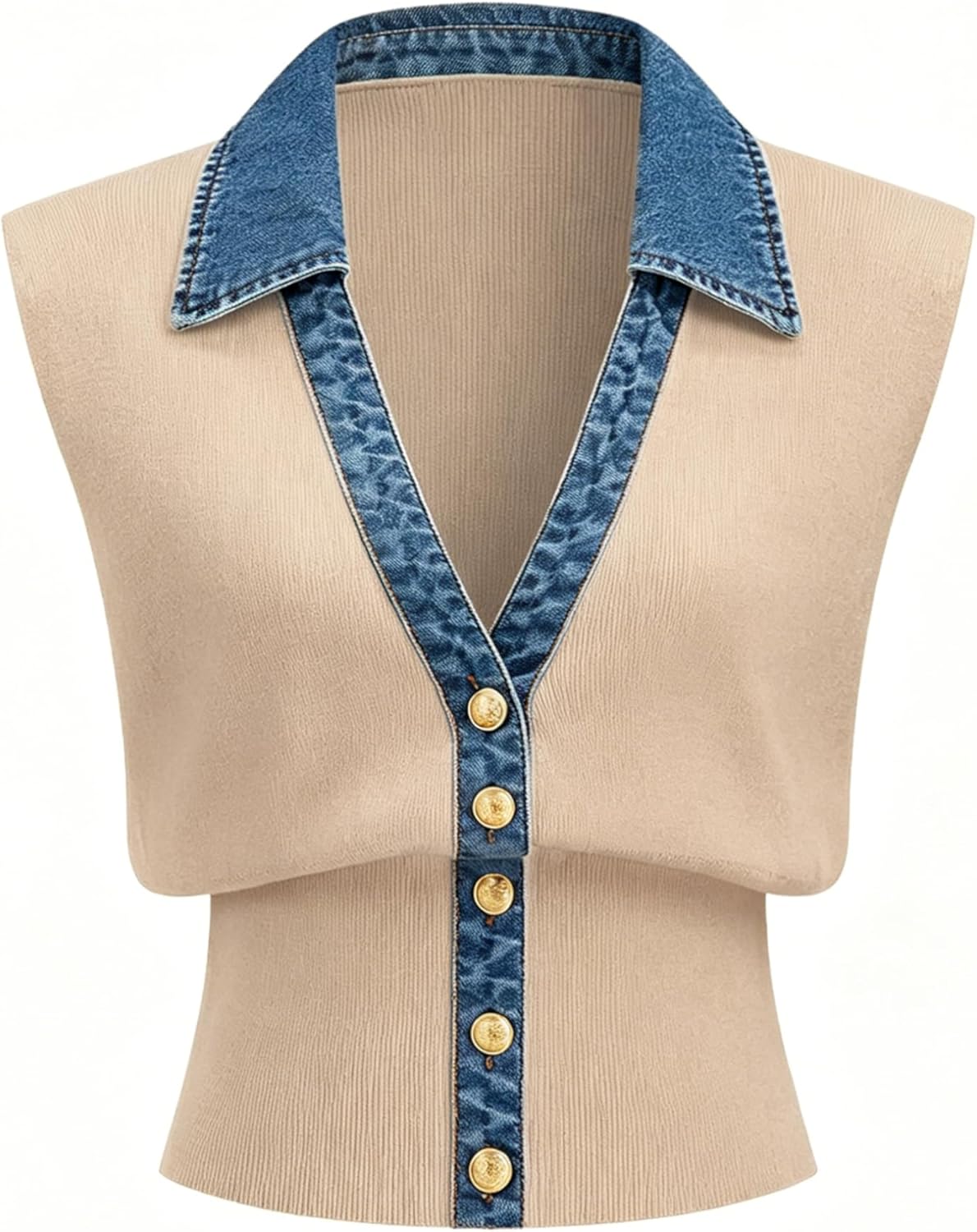 Womens Denim Trim Sweater Vest Sleeveless V Collar Crop Tank Top Knit Loose Pullover Outfit