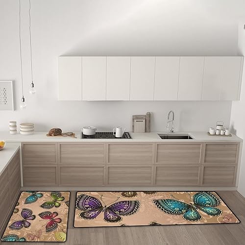 Miniatura 2 de Juego de 2 alfombras y tapetes de cocina, antifatiga, beige, brillante, colorido, mariposas, encaje, floral, antideslizante, lavable, cómodo, para