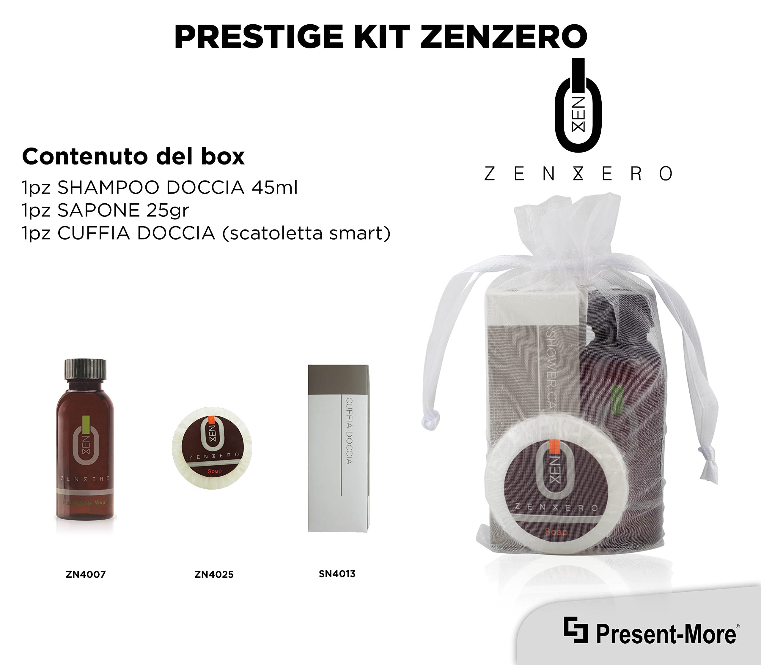 Present-More Amenities Kit Zenzero - Prestige Kit Toilettenartikel 100 Gäste für Hotels und B&B | Allergenfreie Amenities Kit mit Duftnote Ingwer und Zitrone