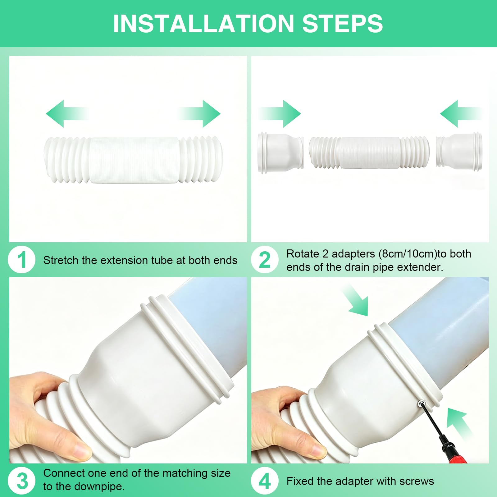 1 pieza de extensión flexible para desagüe de bajante, canalones extensibles redondos de 47 a 150 cm, juego de conexión de desagüe para bajante de 80/100 mm, color blanco