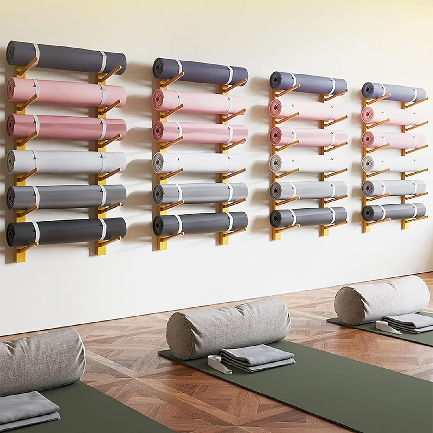 KomNWF LXXW Foam Roller Storage Rack Yoga Mat Weight Rack Wall Mount Yoga Mat Holder 2-9 Tiers Wood Gym Exercise Mat Storage Rack Yoga mat Storage(5)