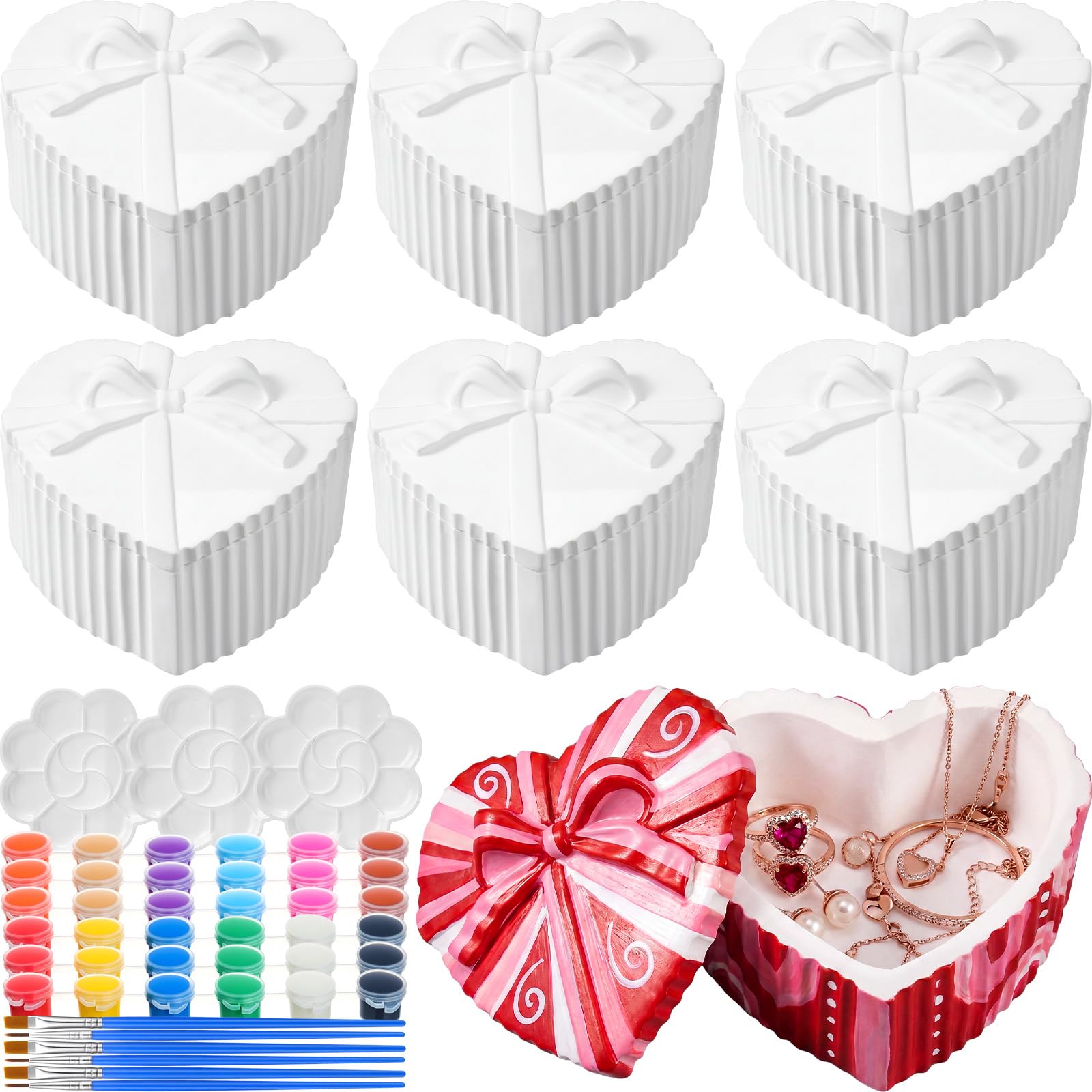 Zubebe 6 Set Ceramic Hearts to Paint Jewelry Tray Kit with Lid for Adult