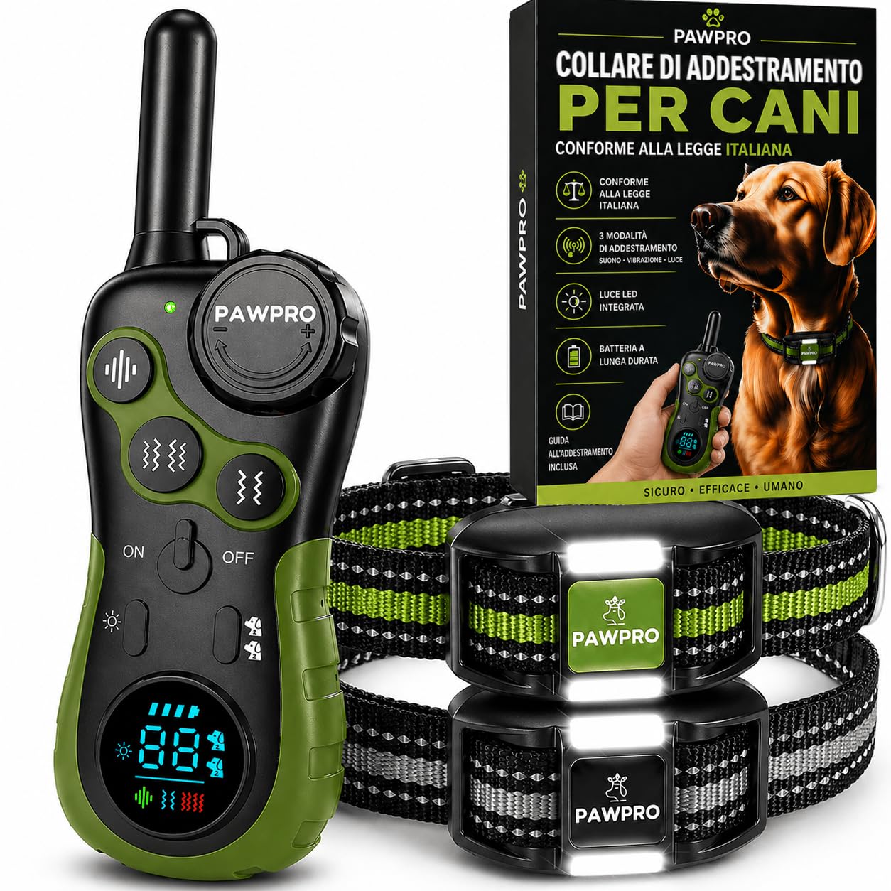 PAWPRO Collare di Addestramento, Conforme Nuova Legge Italiana Benessere Animale, Portata XXL 3 km, Modalità Luce Notturna, BIP Vibrazione Potenziata, Adatto Tutti Cani, Impermeabile (2 Collari)