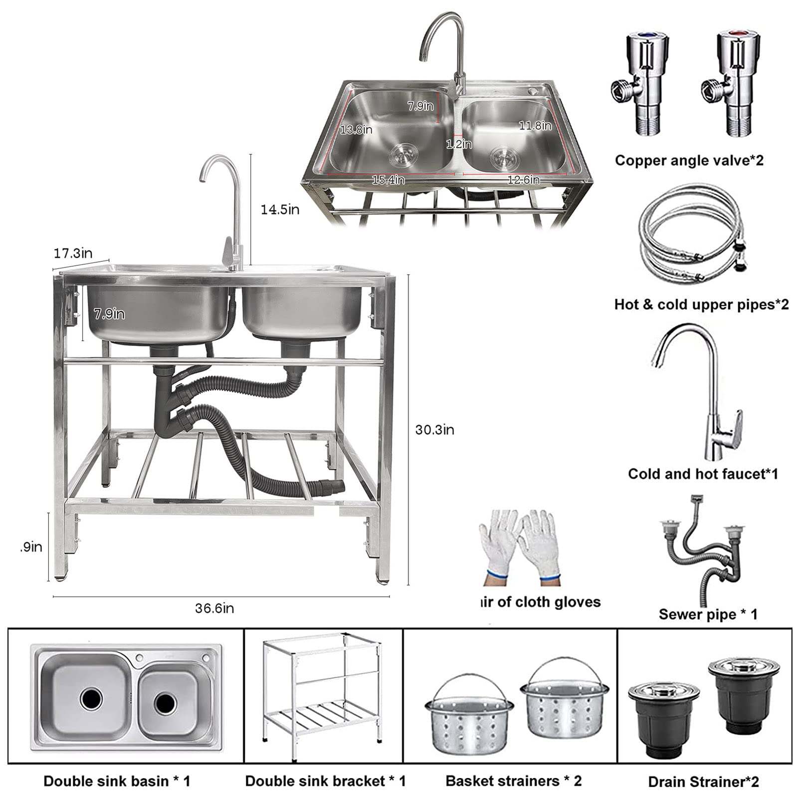 Gewerbespüle aus Edelstahl, Doppelspülbecken, freistehend, 2 Becken, Industrie-/Werkstattbecken, Innen-/Außenbereich, mit Kalt- und Warmwasseranschluss, Armatur, 80 x 43 x 75 cm