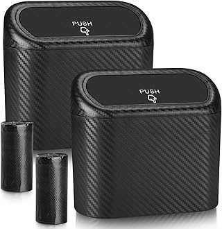 Accmor Car Trash Can with Lid, 2 Pack Mini Vehicle Trash Bin Car Dustbin Garbage Organizer Holder with Trash Bag, Small Hanging Leakproof Auto Storage Bag Container (Carbon Fiber)