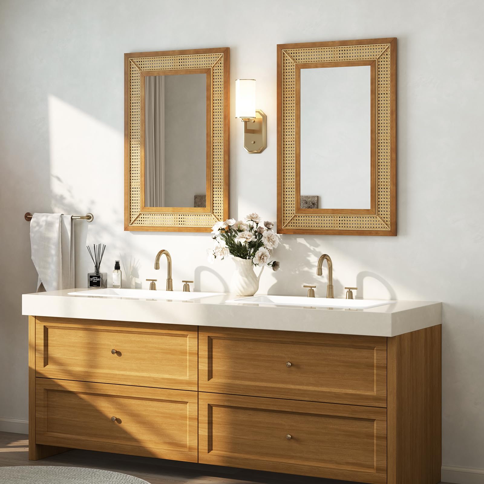 GOPLUS Espejo de Pared de Ratán, Espejo Colgante Rectángulo, Vidrio de Aluminio, Decorativo Rústico para Sala, Dormitorio, Entrada, Baño, Instalación Fácil, Natural, 90 x 60 cm