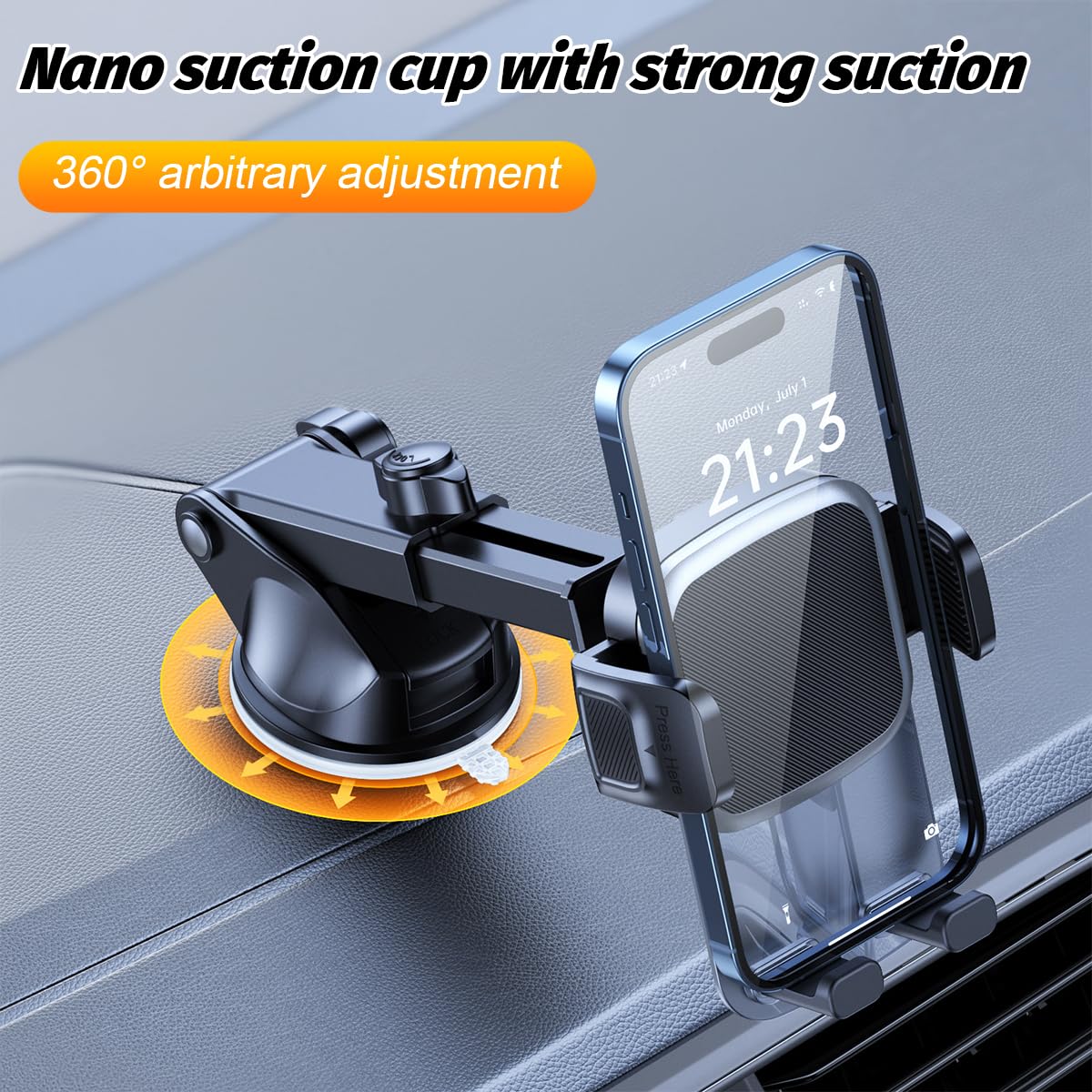 Zpana Supporto per telefono da auto, regolabile a 360° per cruscotto e parabrezza con base a ventosa e braccio telescopico, accessori per smartphone per auto, misura universale