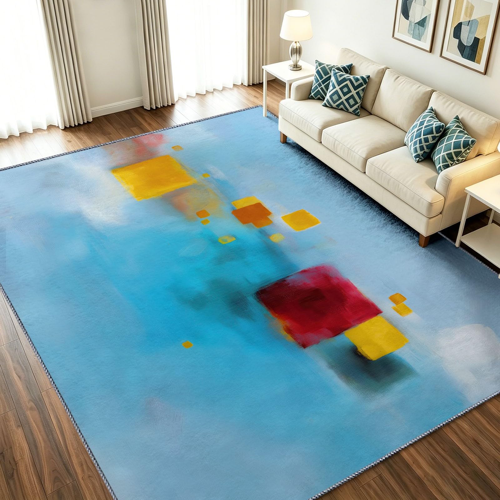 Alfombra abstracta de 160 x 230 cm lavable con bloques geométricos azules para el pasillo