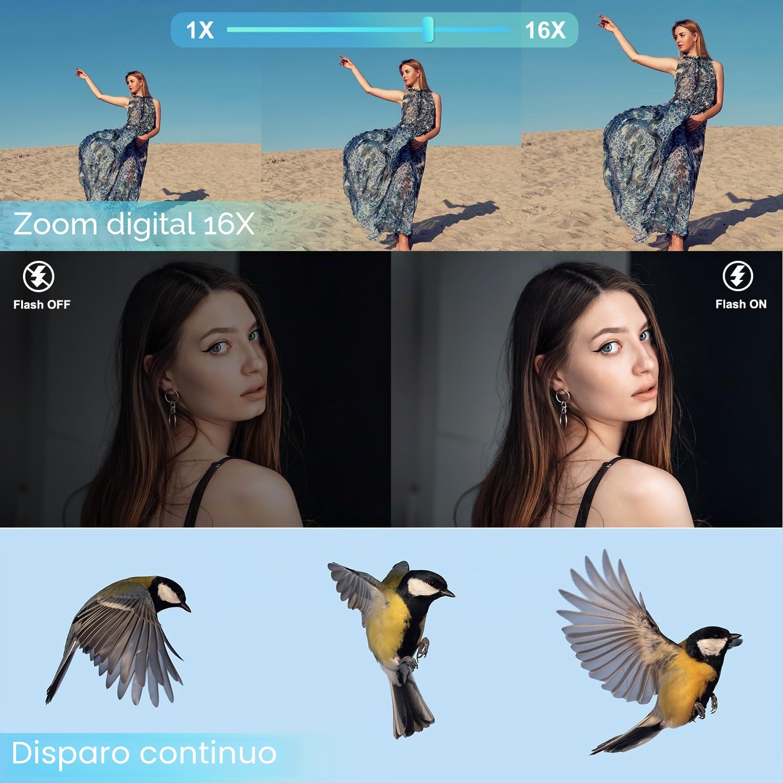 Cámara Digital, Cámara de Fotos HD 4K 64MP Zoom 16X, Cámara de Fotos Selfie con Enfoque Automático, Flash Incorporado Recargable Camara con 2 baterías, 1 Cargador de batería (Tarjeta SD no incluida)