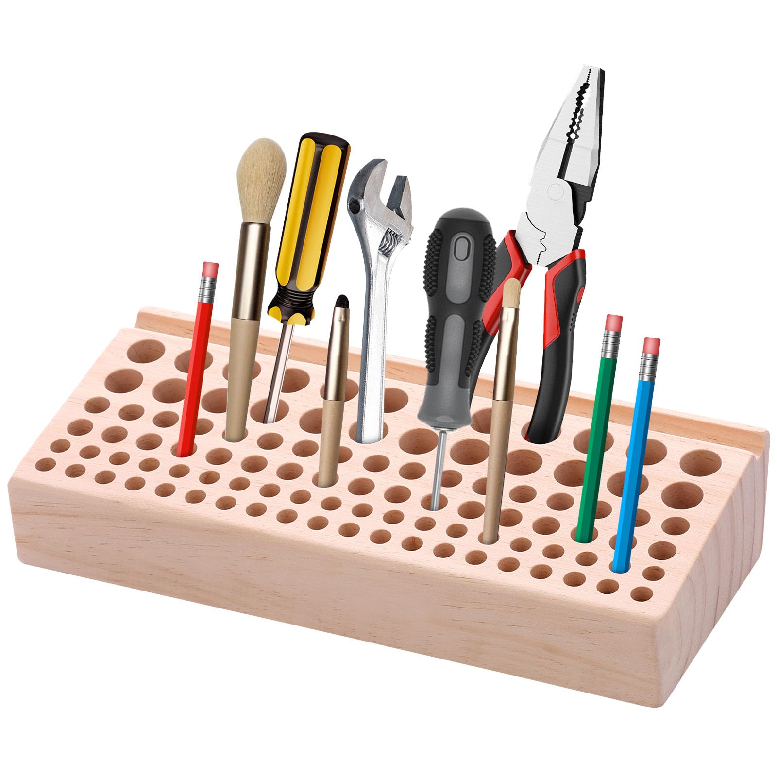 Alongen 46/98 Holes Leather Craft Tool Holder Wood Leather Tool Organizer Professional Holder Practical Craft Rack for Working(Log color,98 holes)