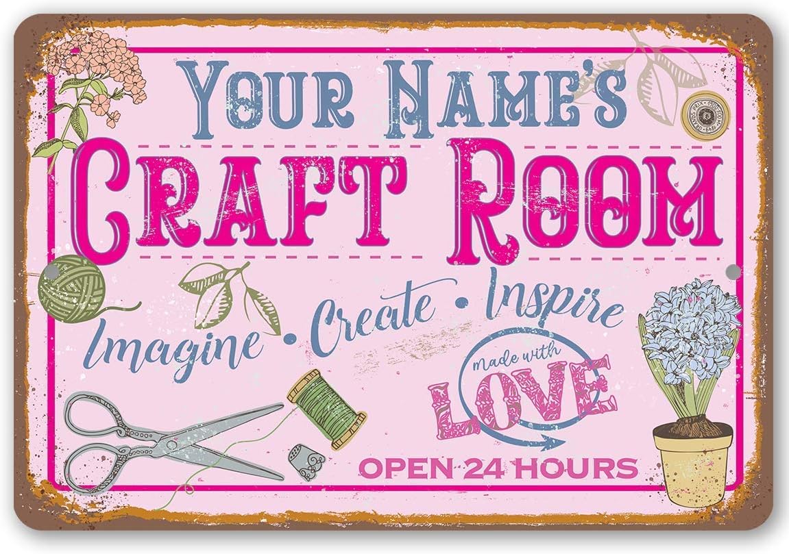 Personalized Craft Room Sign - Pink Sewing Room Decor, Custom Name Print Quilting Gift, Mothers Day for Girl Gift Idea, 8x12 or 12x 8 Use Indoor or Outdoor Metal Tin Sign