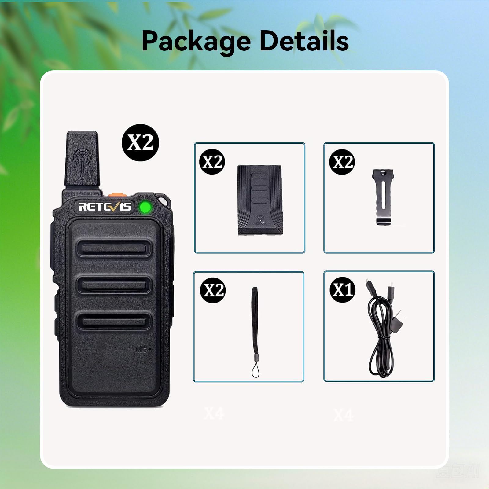 Retevis RT619 Talkie Walkie PMR446 Rechargeable 1300 mAh VOX 16 Canaux 2 Pièces Noir