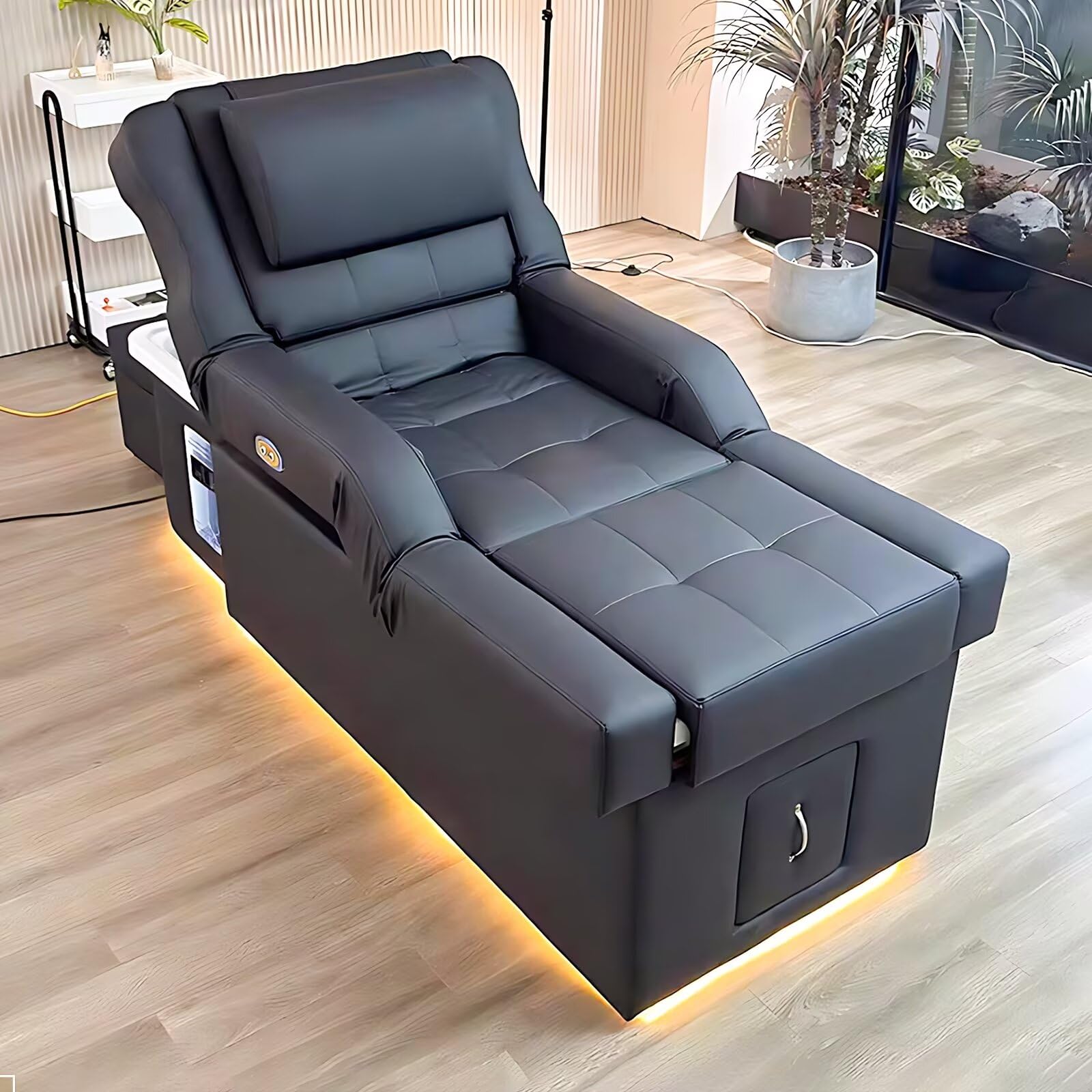 Salon Shampoo Bed with Foot Spa Water Cycle Black Luxury Leather Pedicure Chair Adjustable Backrest Fumigation - Head