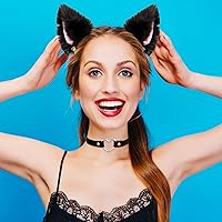 Vista 6 de Whaline 3 diademas de orejas de gato con collar de gargantilla, color blanco y negro, banda de pelo de orejas de gato peludas con campana de lazo