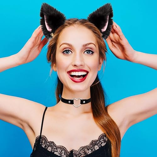 Miniatura 6 de Whaline 3 diademas de orejas de gato con collar de gargantilla, color blanco y negro, banda de pelo de orejas de gato peludas con campana de lazo de